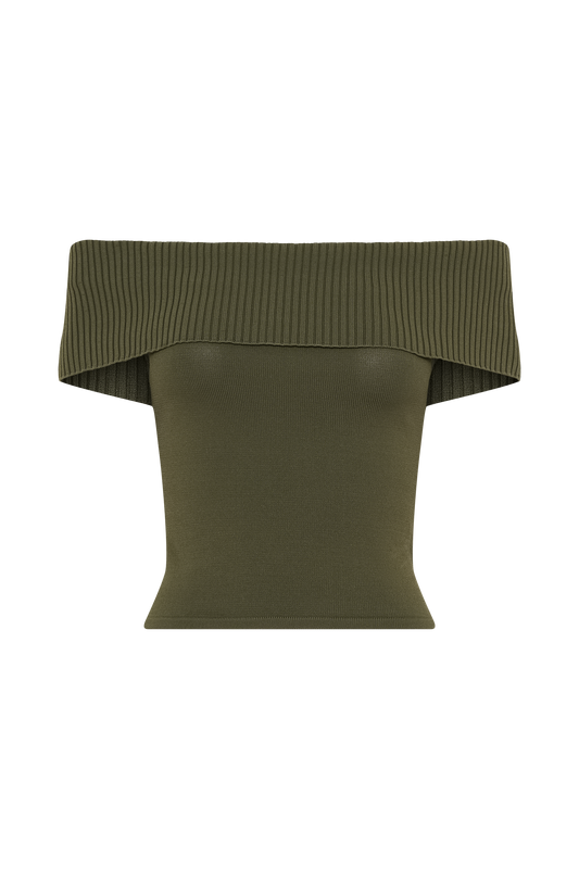 Susanna Off Shoulder Knit Top - Military Olive