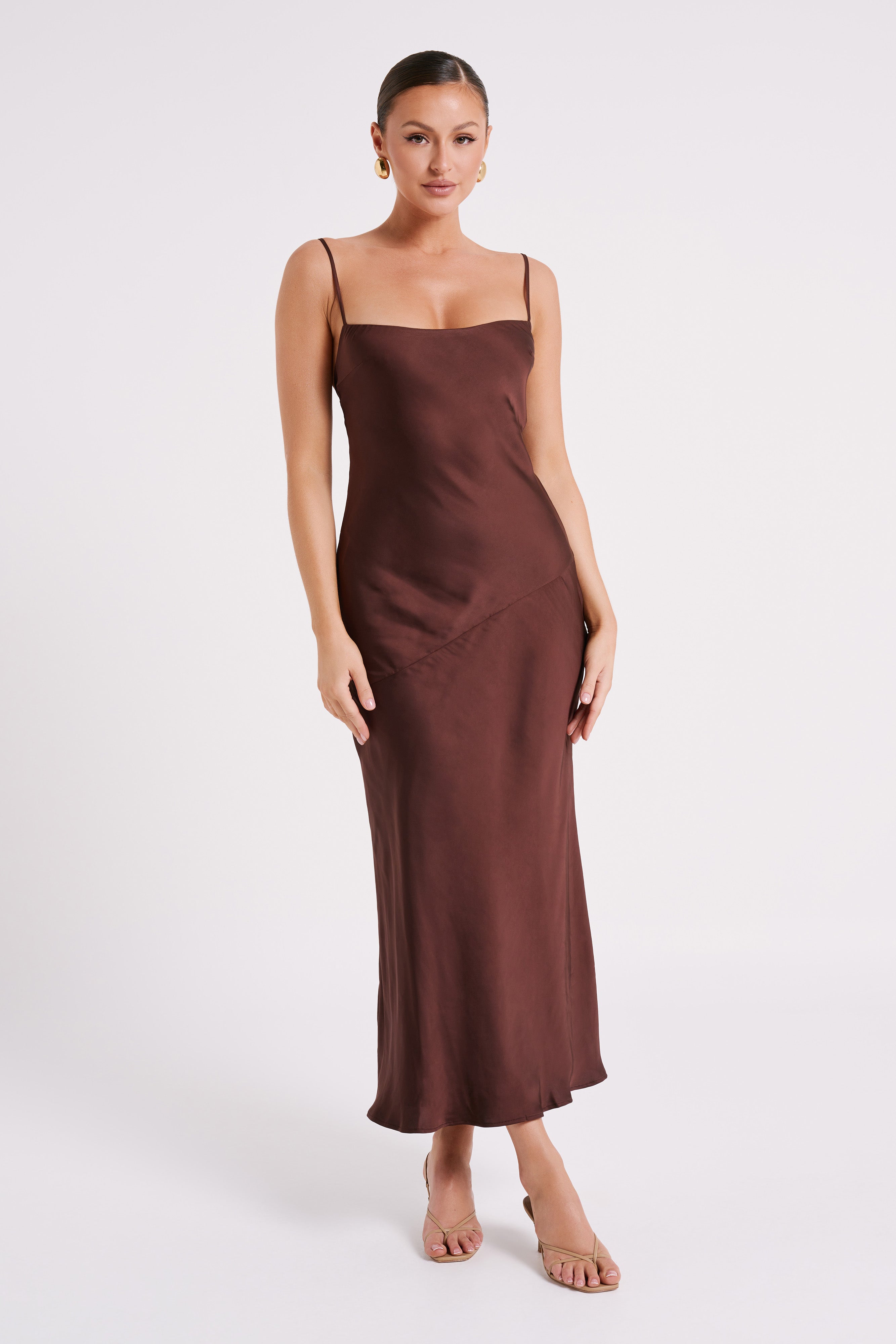 Brynlee Low Back Satin Maxi Dress Dark Chocolate