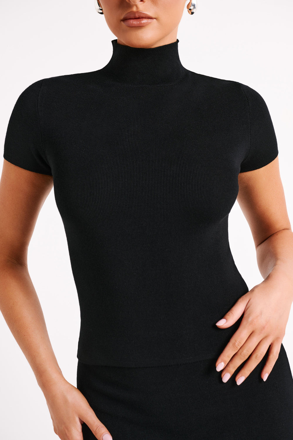 Marianna Ribbed High Neck Top - Black