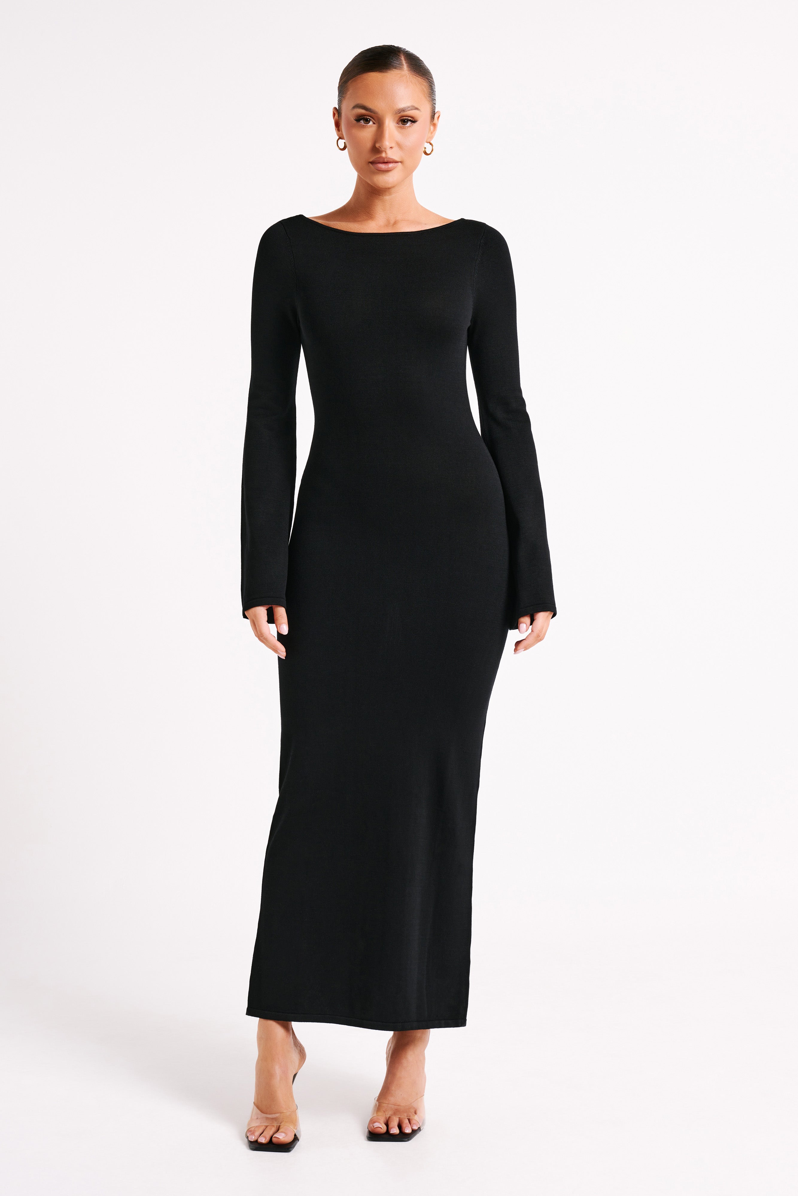 Marleigh Flare Sleeve Knit Maxi Dress Black