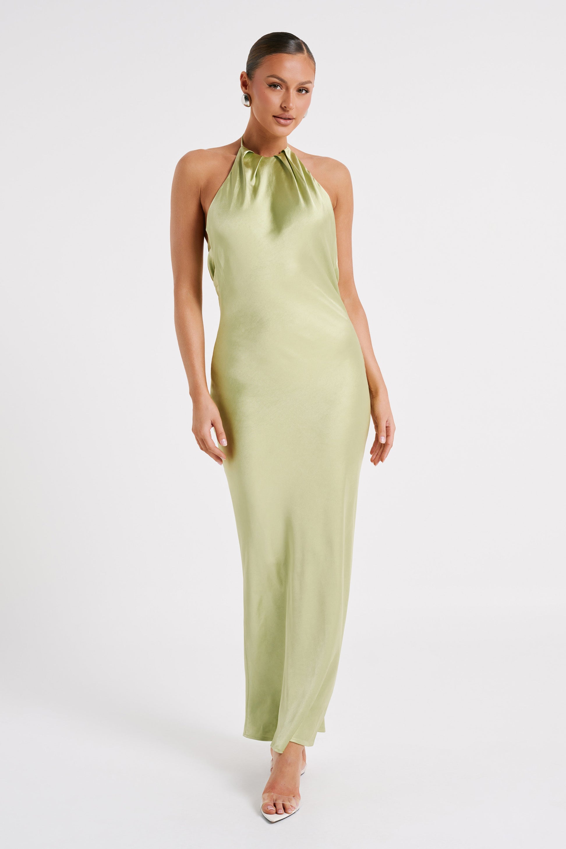 Sammy Satin Halter Maxi Dress - Pistachio - Meshki