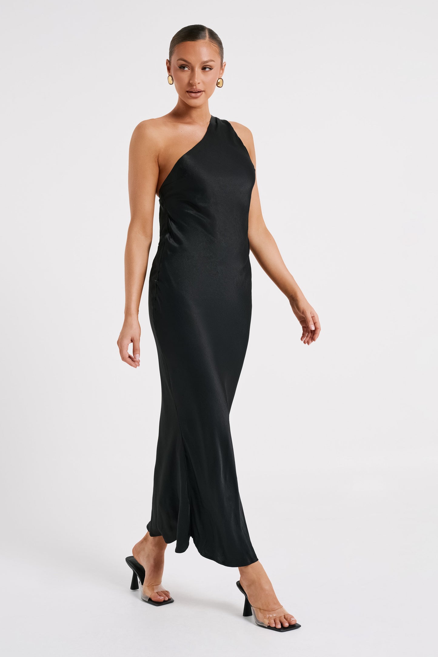 Alejandra One Shoulder Satin Maxi Dress - Black