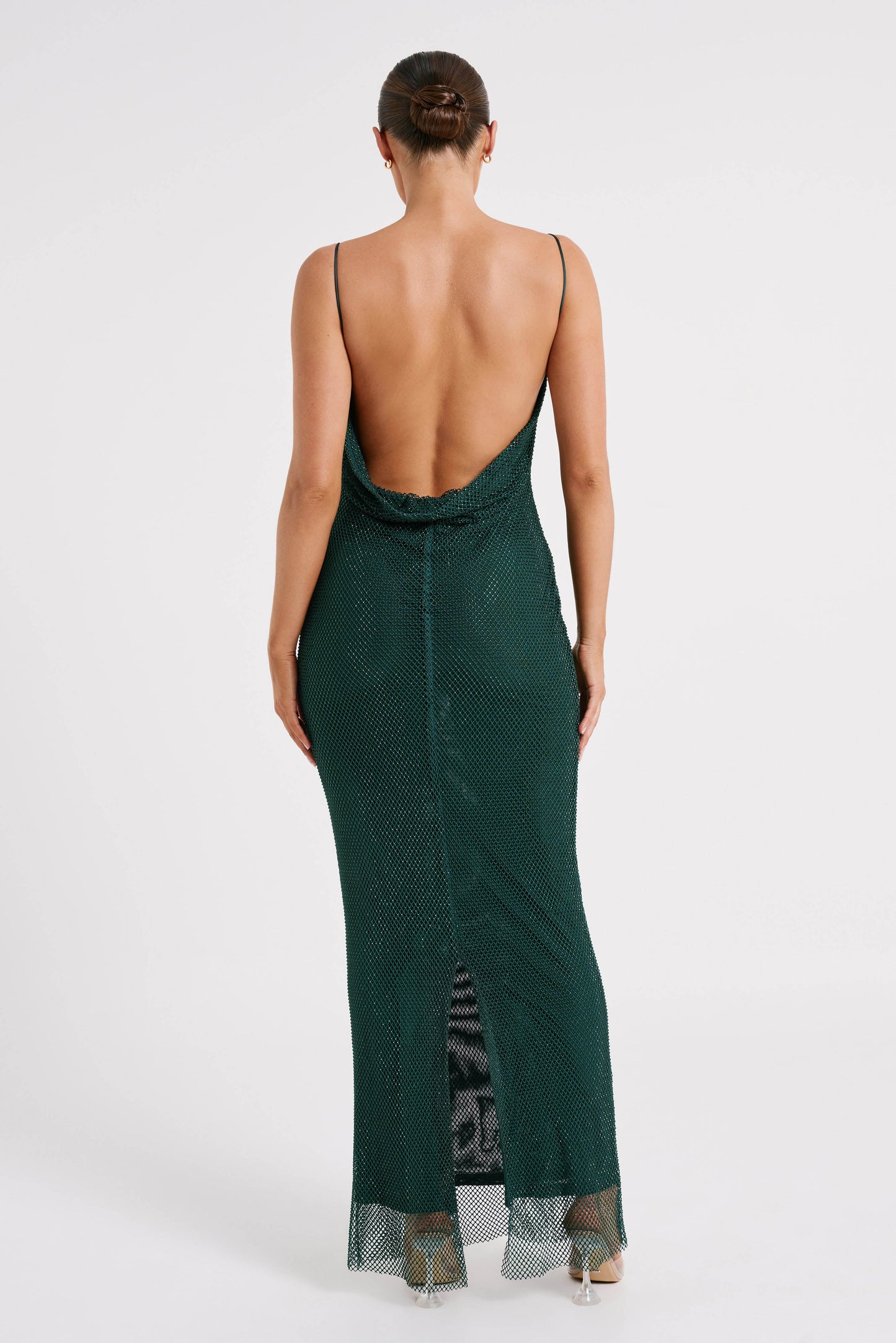 Madelaine Diamante Mesh Cowl Maxi Dress - Emerald