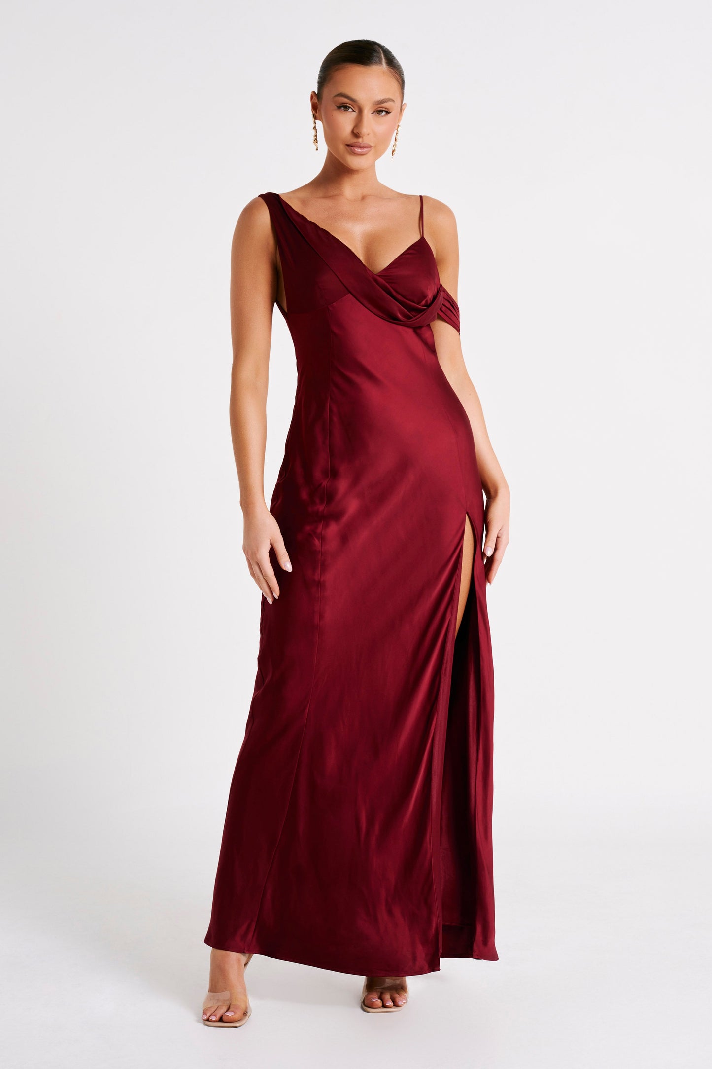 Soleil Satin Off Shoulder Maxi Dress - Berry