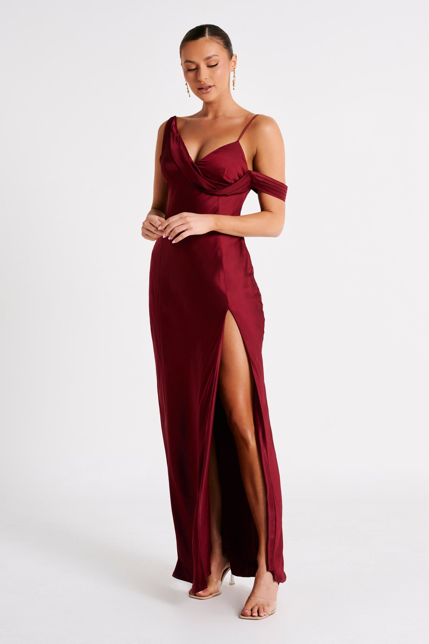 Soleil Satin Off Shoulder Maxi Dress - Berry