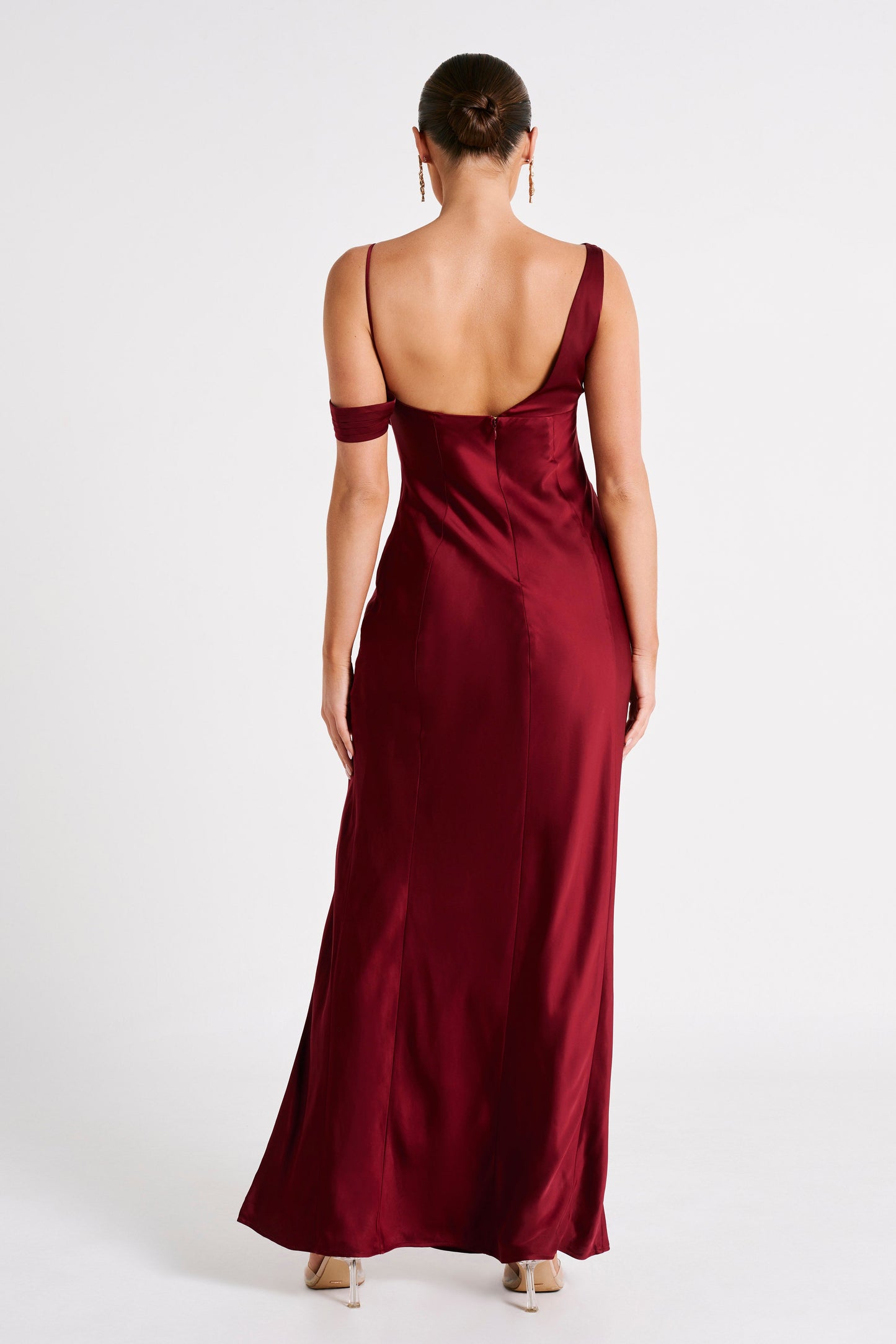 Soleil Satin Off Shoulder Maxi Dress - Berry