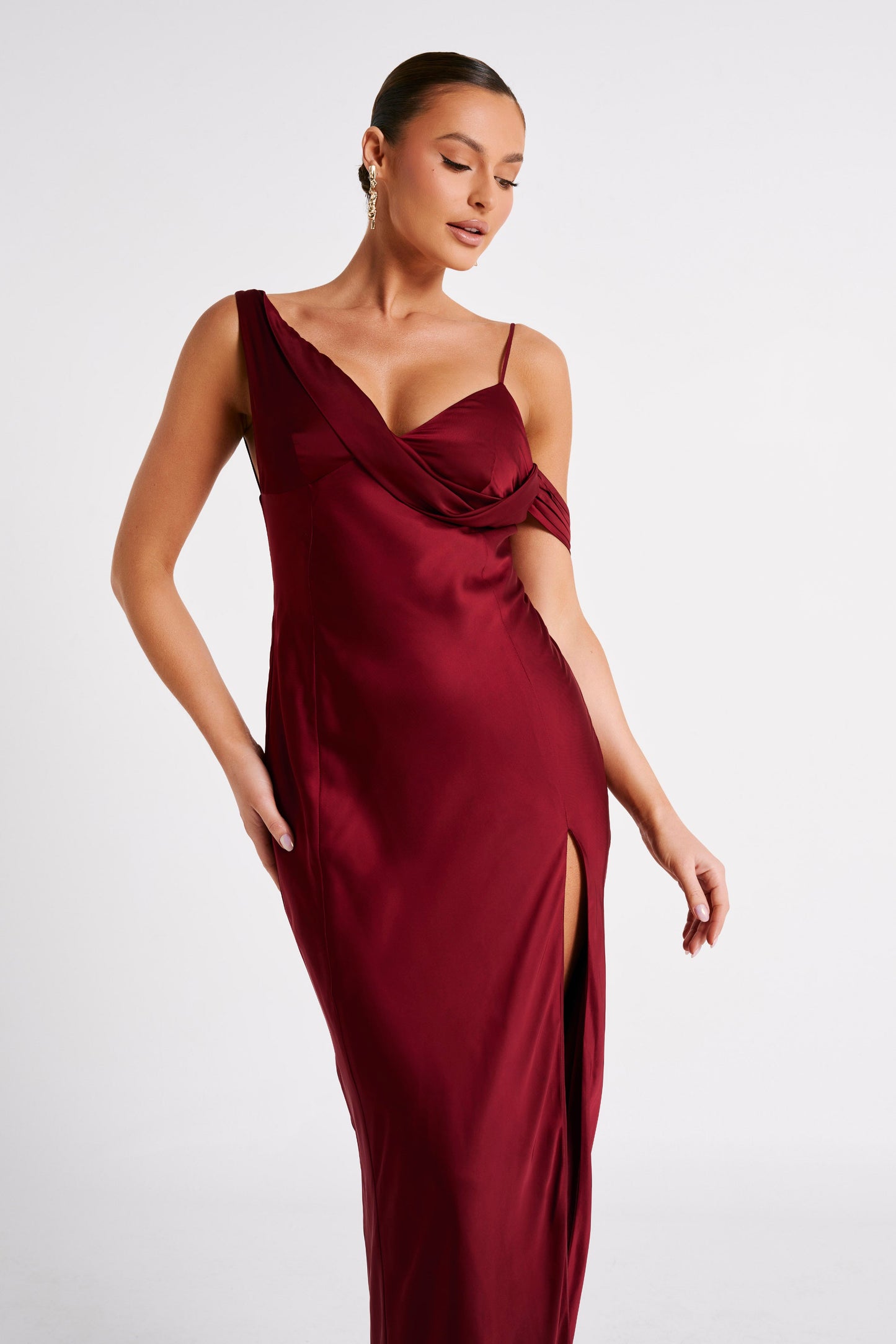 Soleil Satin Off Shoulder Maxi Dress - Berry