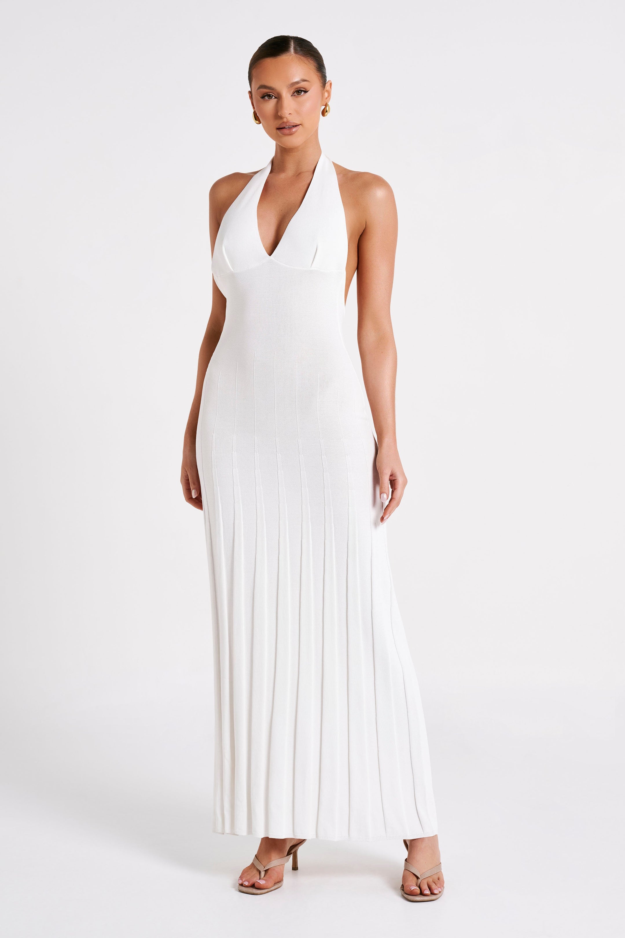 Caity Ribbed Halter Maxi Dress - White - MESHKI