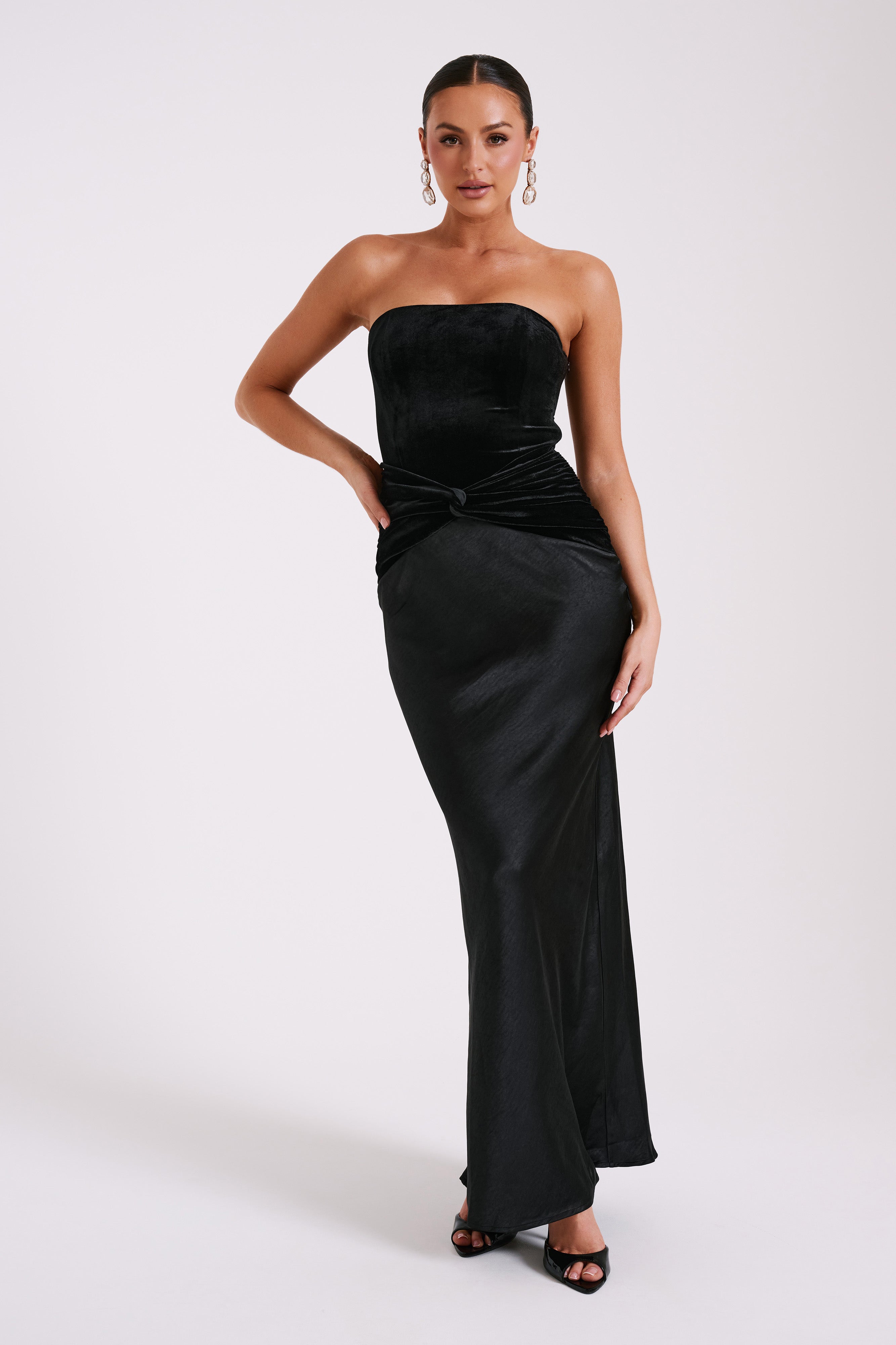 Danna Strapless Satin Velvet Maxi Dress Black