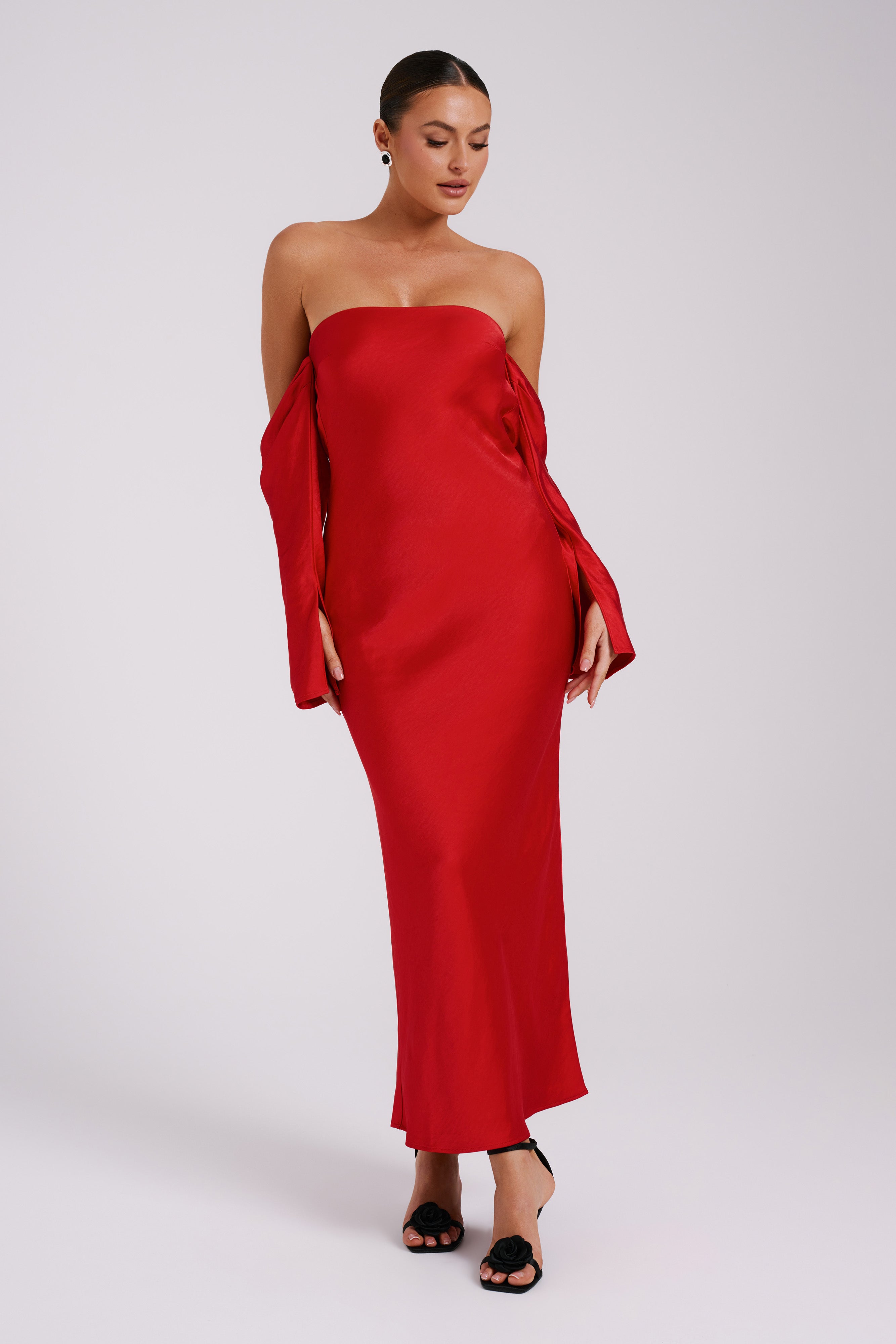 Vee Off Shoulder Satin Midi Dress Red