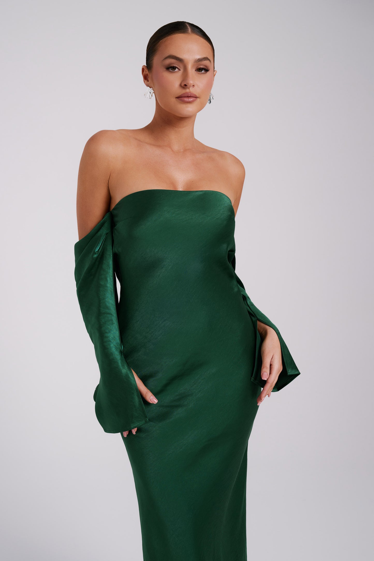 Vee Off Shoulder Satin Midi Dress - Emerald