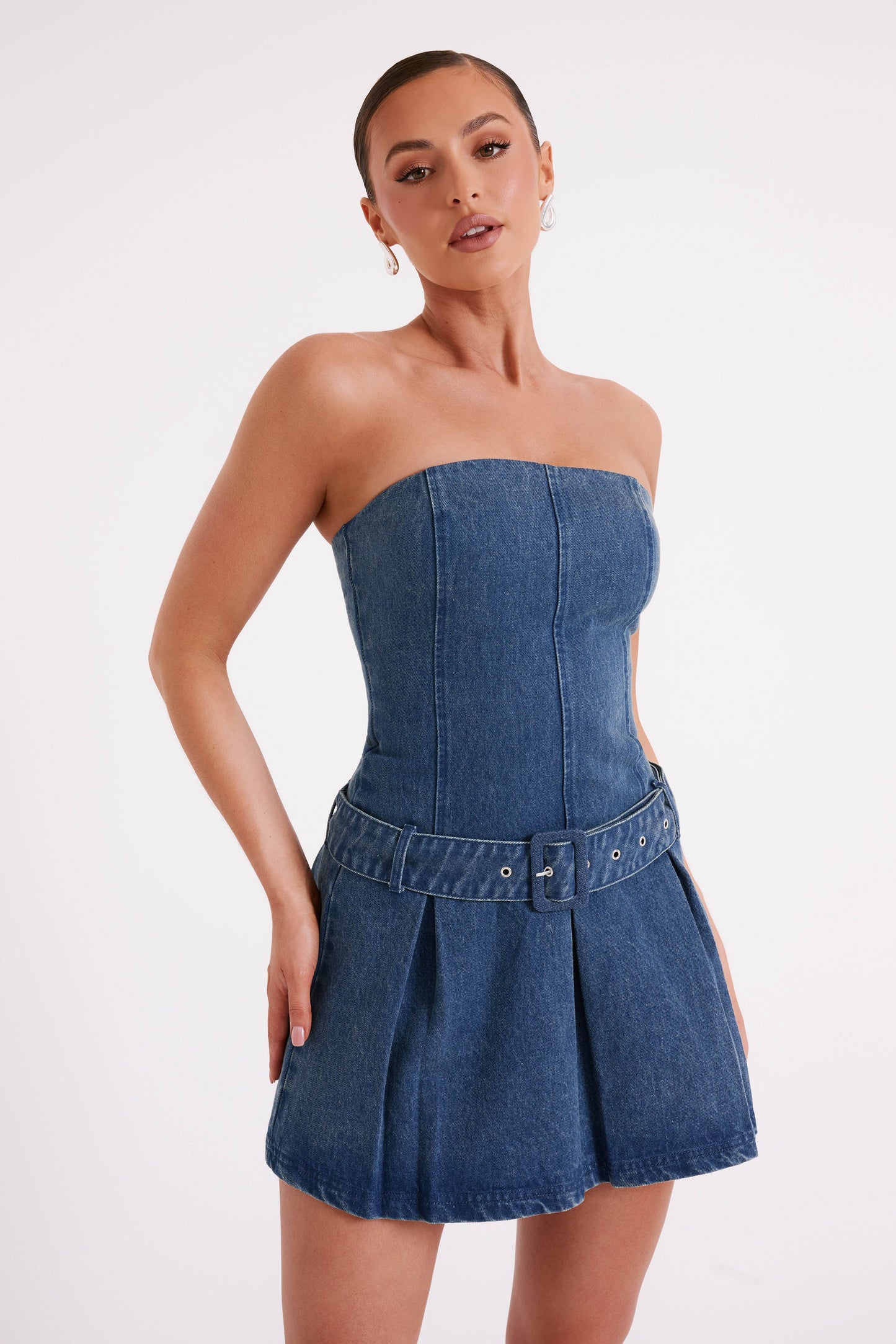 Lee Denim Pleated Mini Dress - Dark Blue