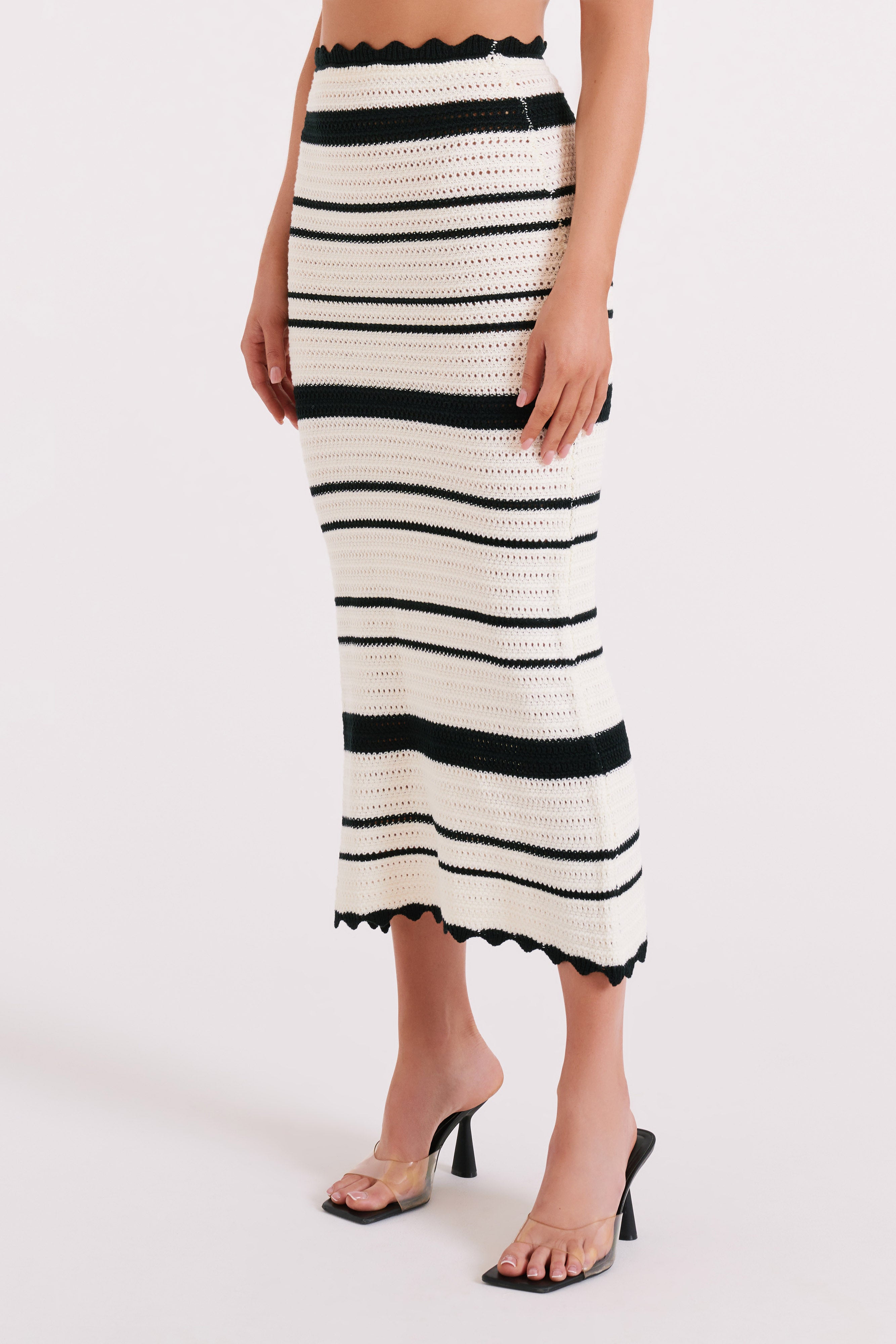 Jadia Contrast Crochet Fishtail Maxi Skirt Black White MESHKI