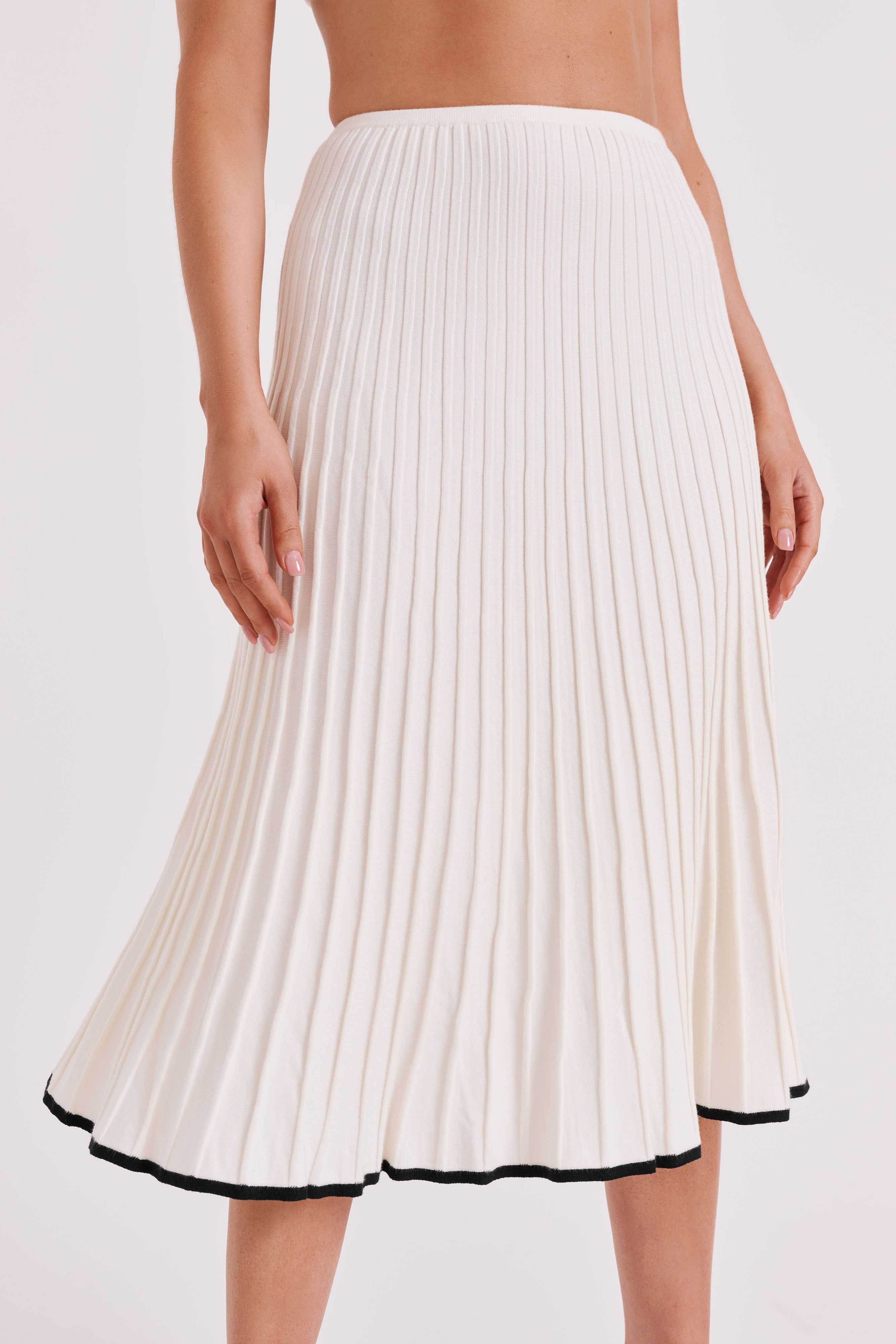 Jolene Contrast Rib Knit Midi Skirt - White - MESHKI