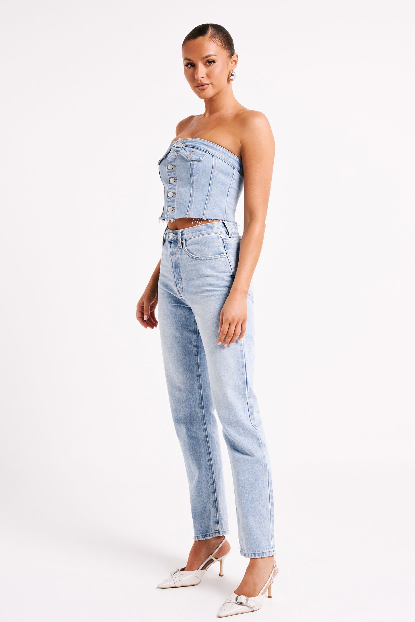 Sandy Buttoned Denim Tube Top - Mid Blue