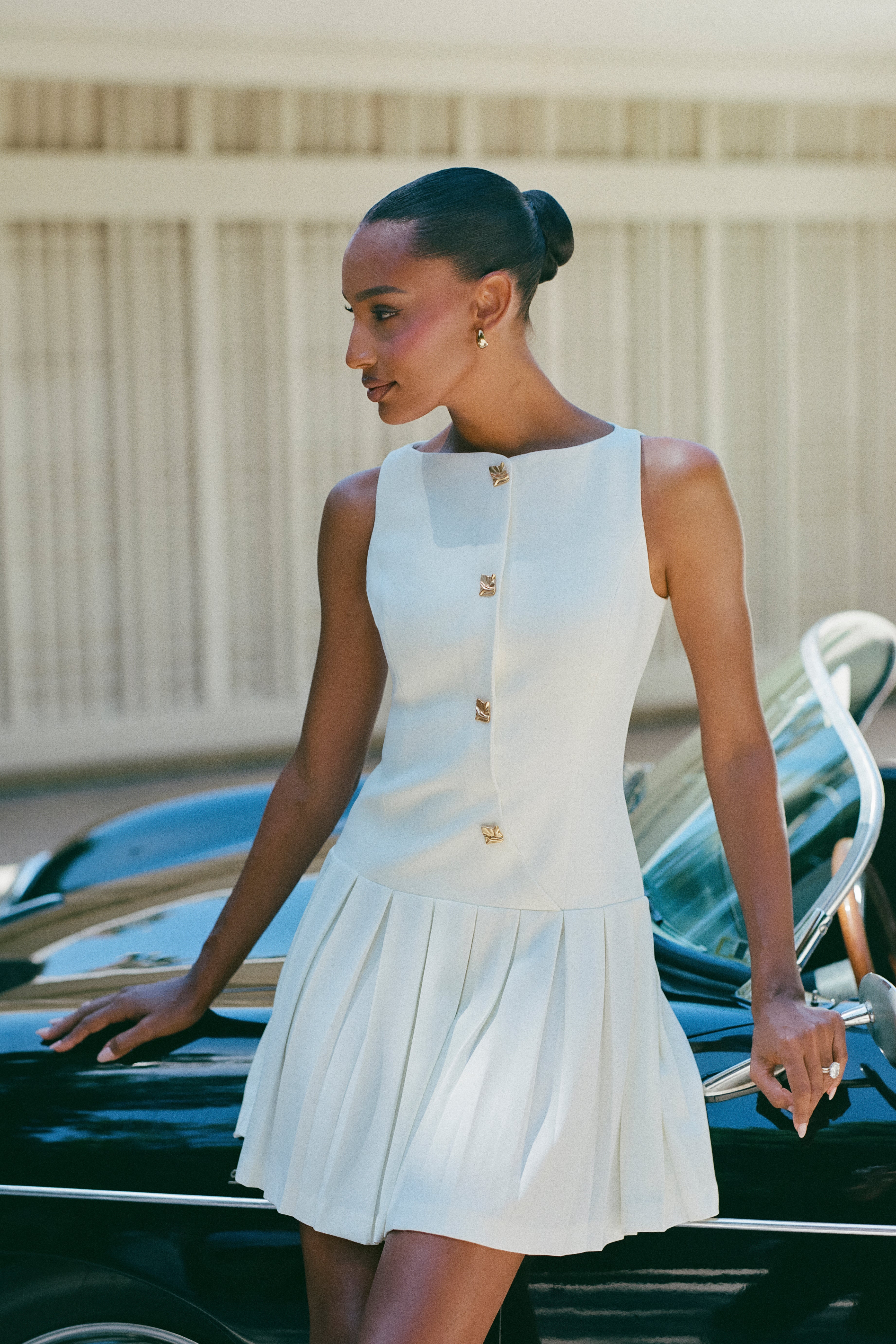 Mackenzie Sleeveless Pleated Mini Dress Ivory MESHKI
