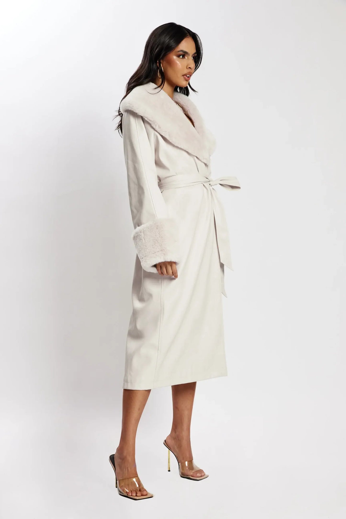 Rebekah Oversized Pu Trench Coat With Fur Trim - Bone