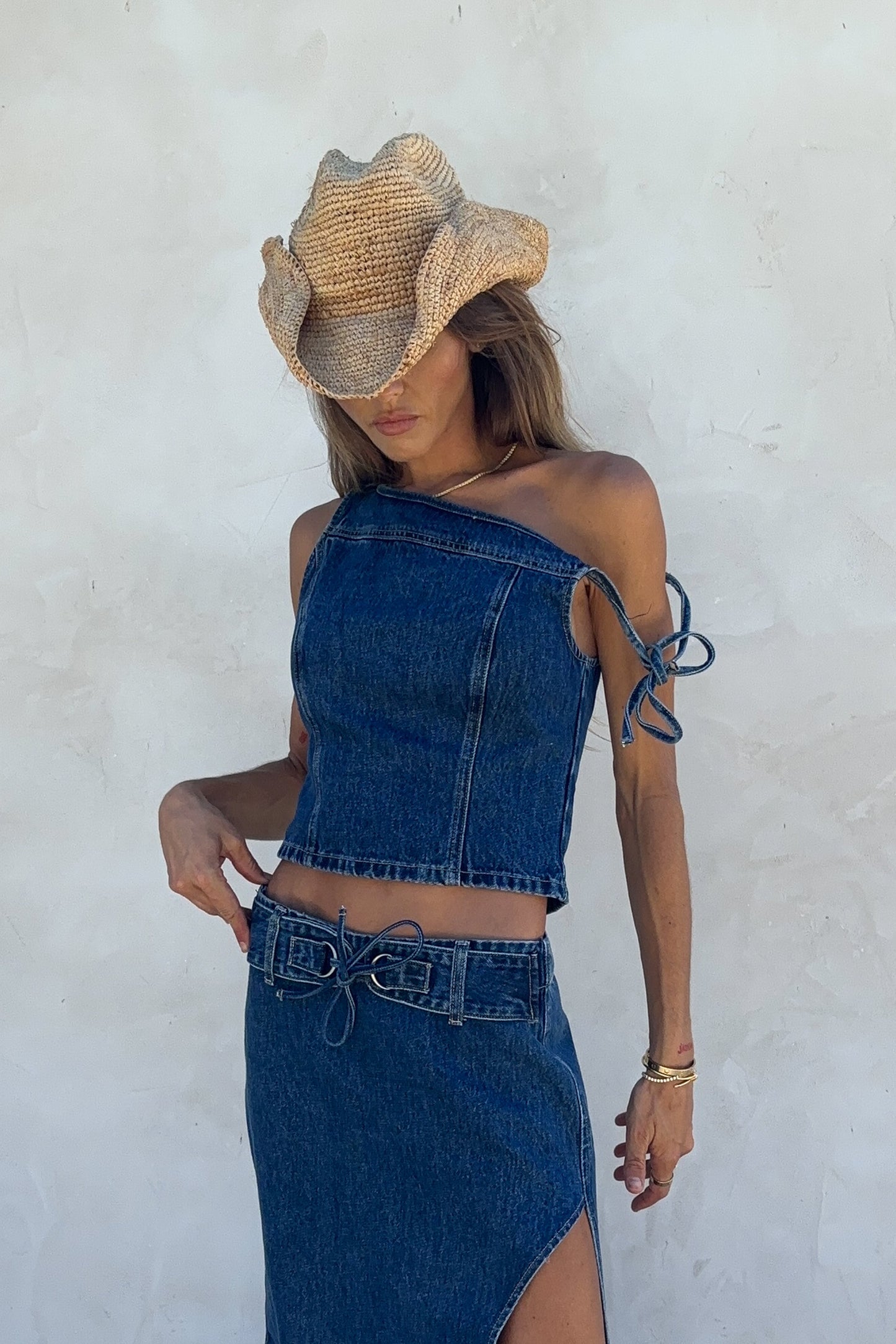 Ramsey Denim Off Shoulder Top - Dark Blue