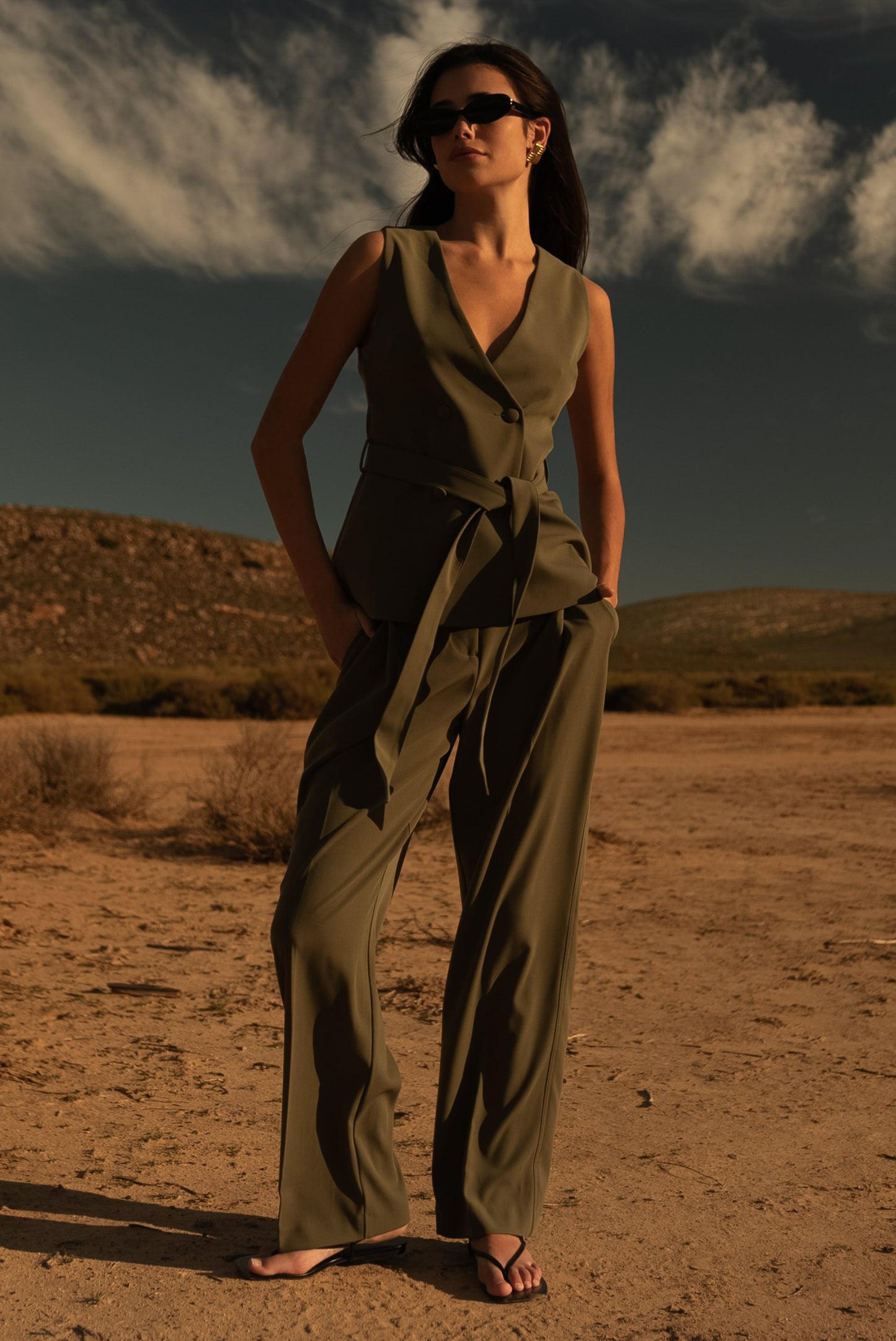 Amelie Suiting Longline Vest - Military Olive