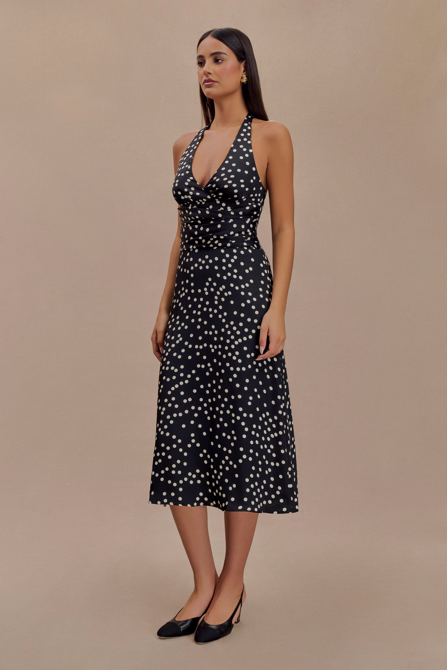 Marguerite Satin Halter Midi Dress - Black Polka Dot Print