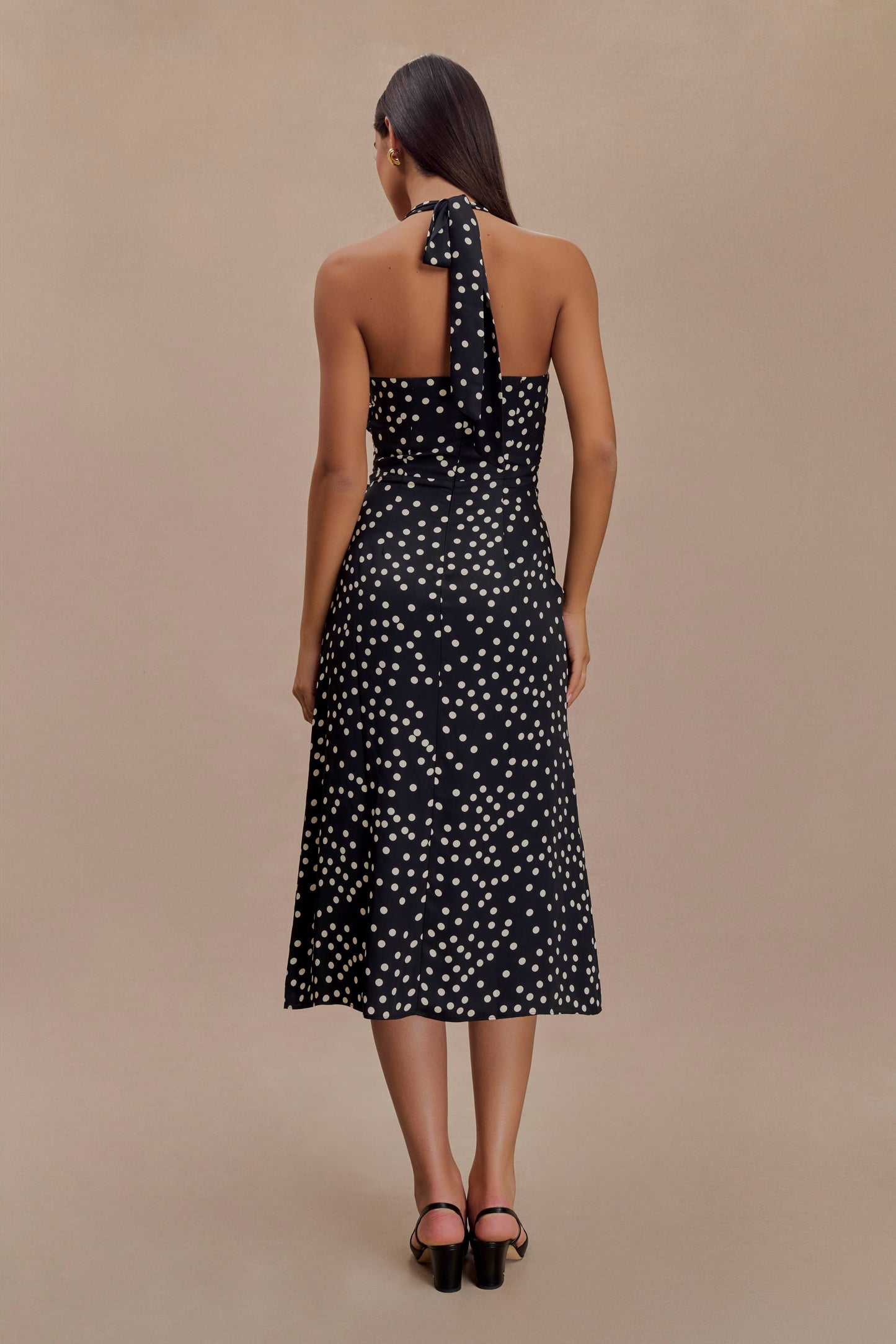 Marguerite Satin Halter Midi Dress - Black Polka Dot Print