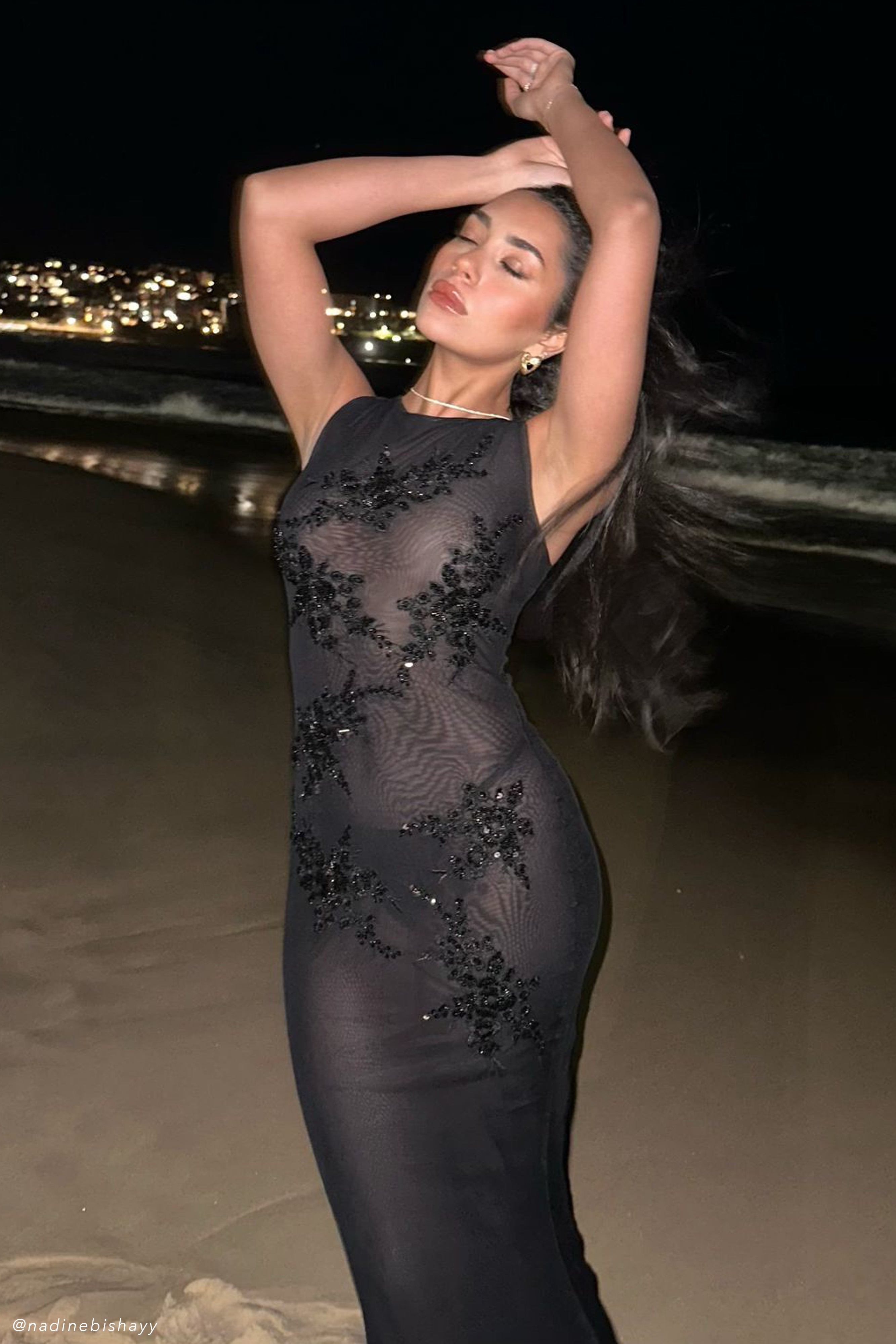 Maeva Embroidered Mesh Maxi Dress Black MESHKI