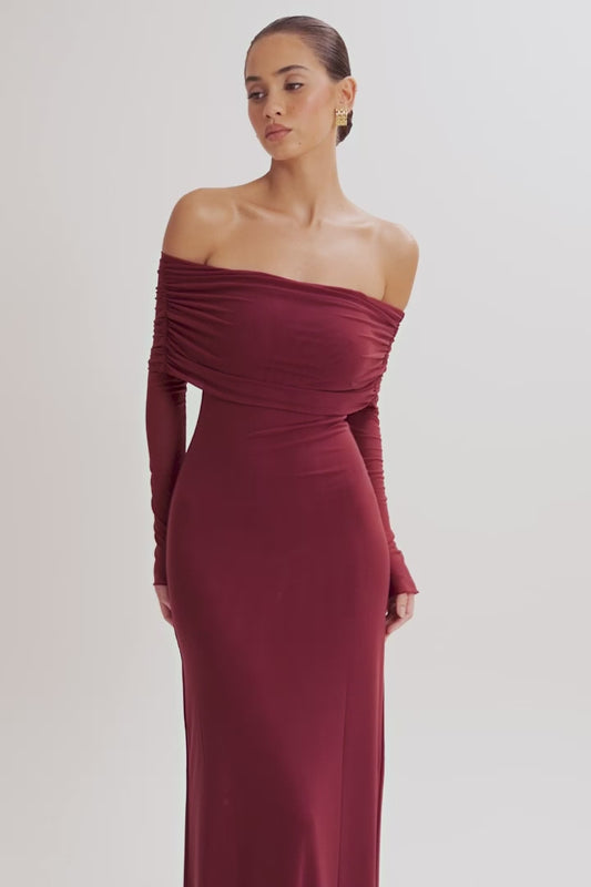 Josie Off Shoulder Mesh Maxi Dress - Wine