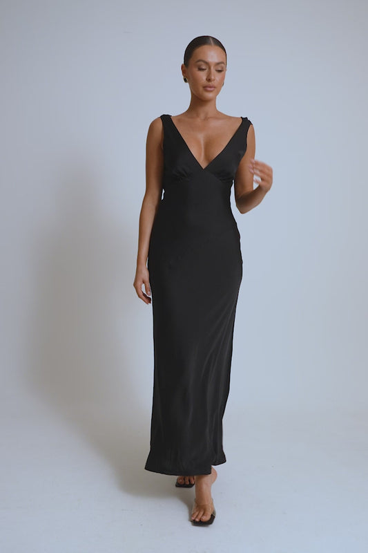 Nadia Maxi Satin Dress With Back Cowl - Black