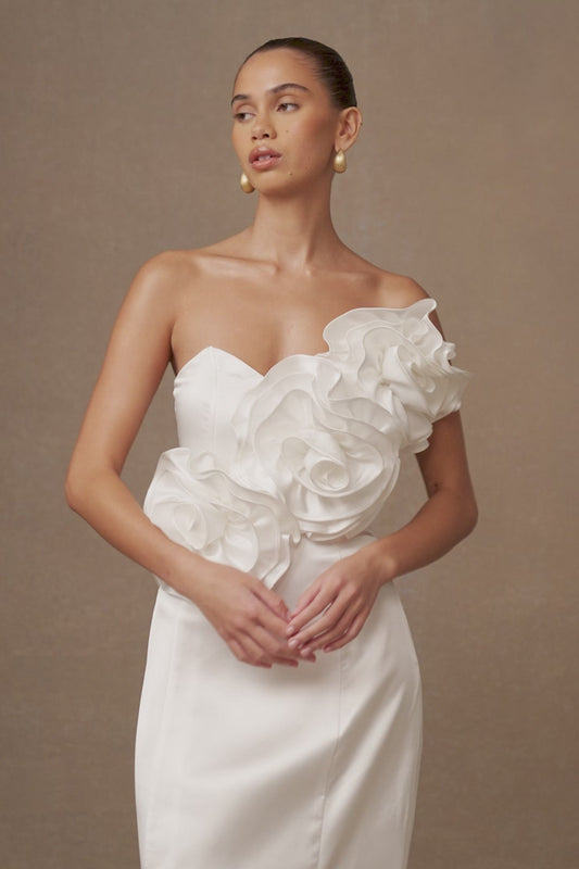 Olivia Strapless Satin Rose Wedding Gown - White