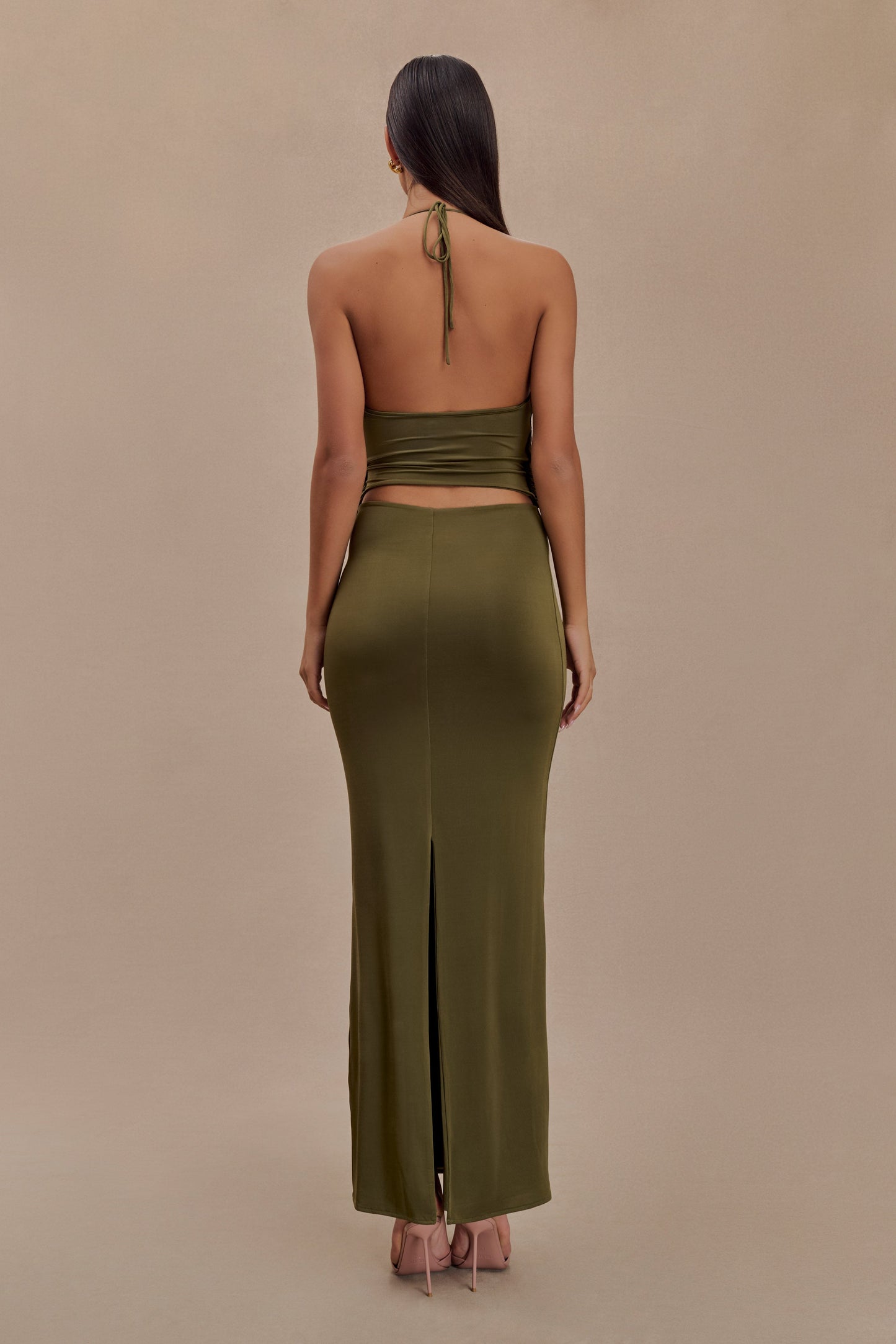 Tyla Draped Slinky Halter Maxi Dress - Dark Olive