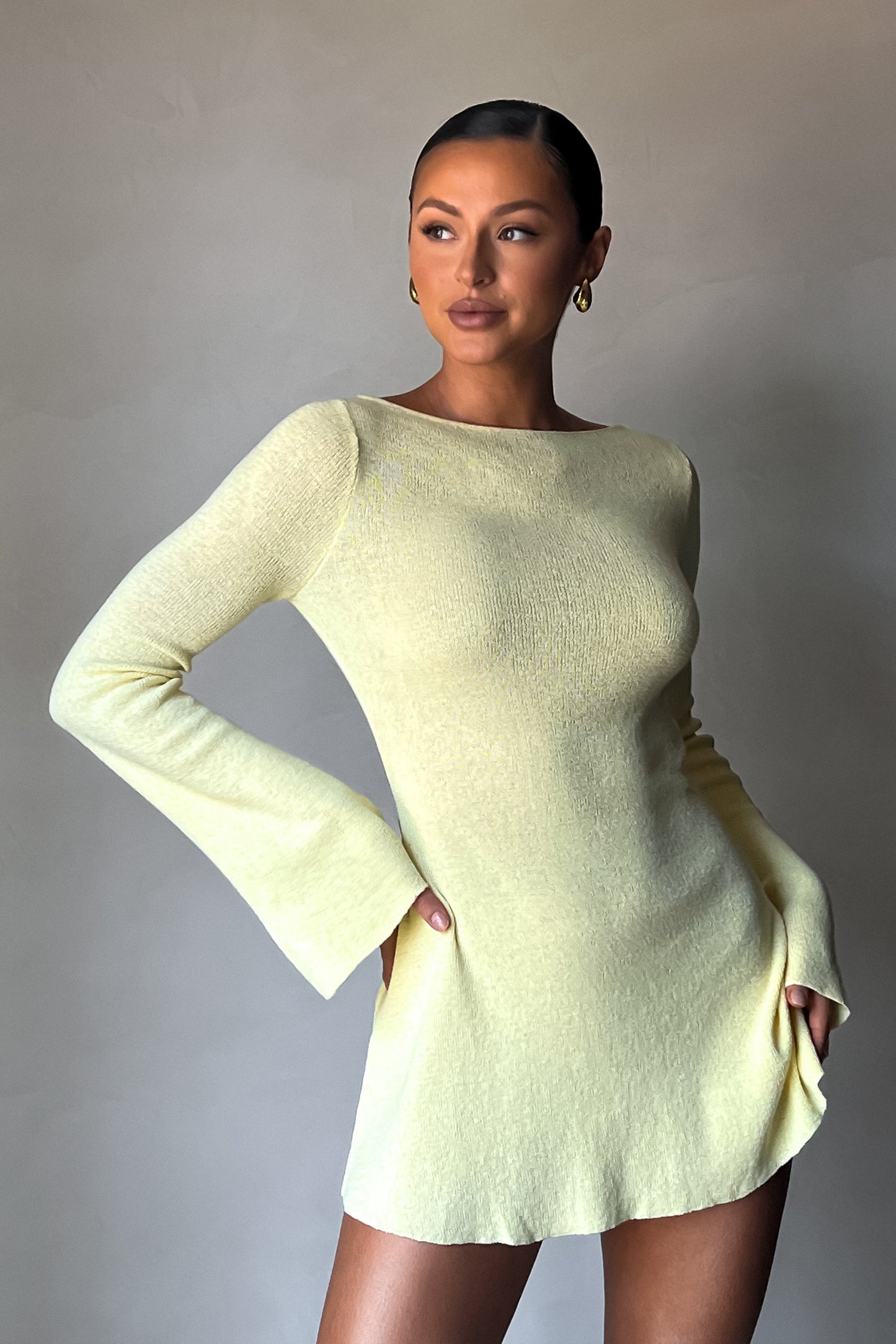 Zahra Long Sleeve Open Back Mini Knit Dress - Lemon