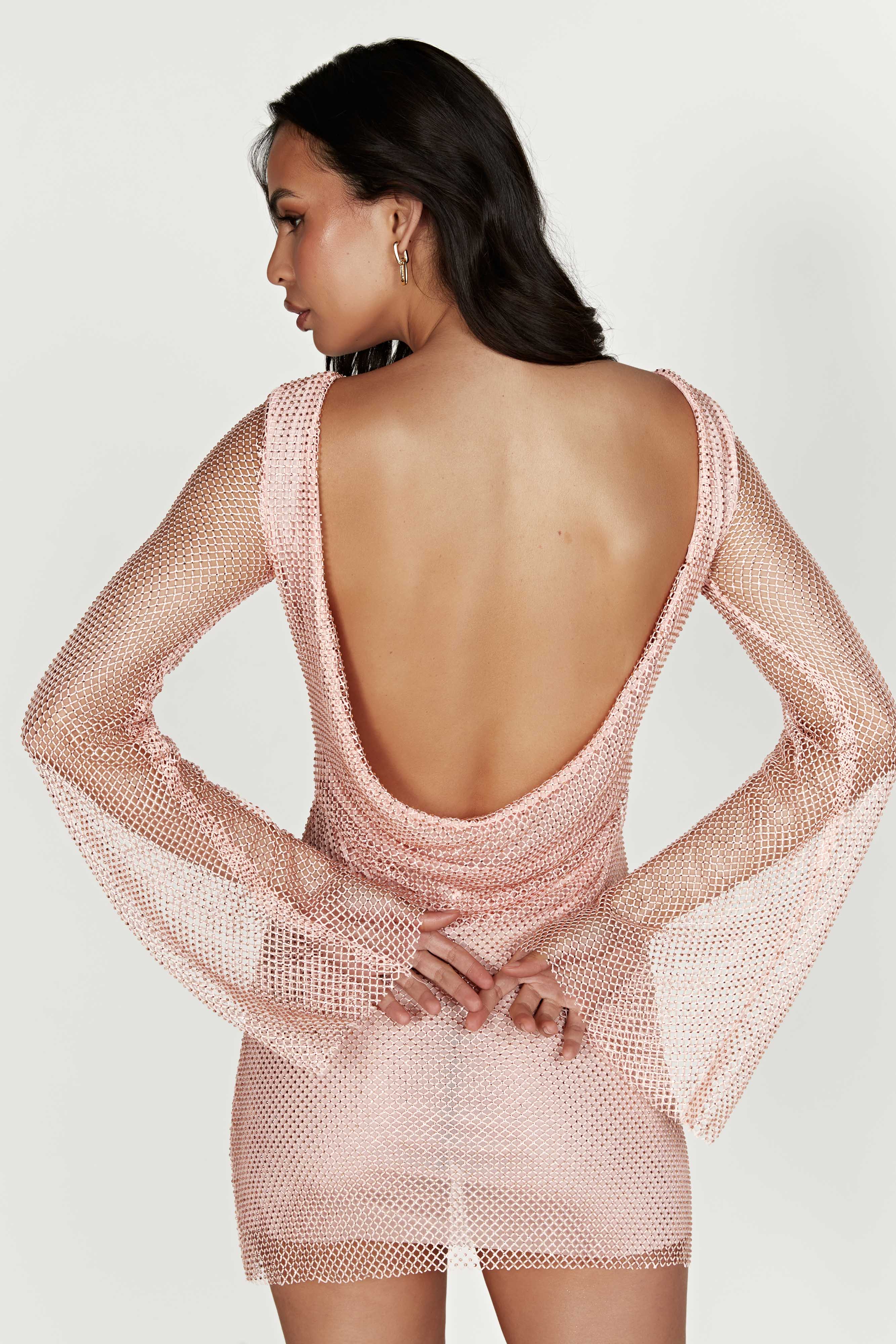 Samira Flare Sleeve Diamante Mesh Mini Dress Baby Pink MESHKI