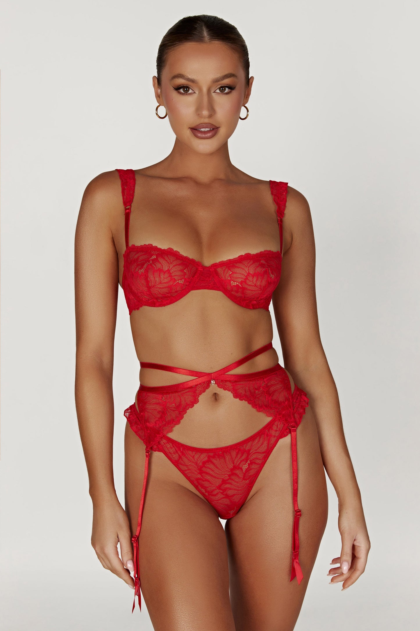 Isadora Lace Crossover Suspenders - Red