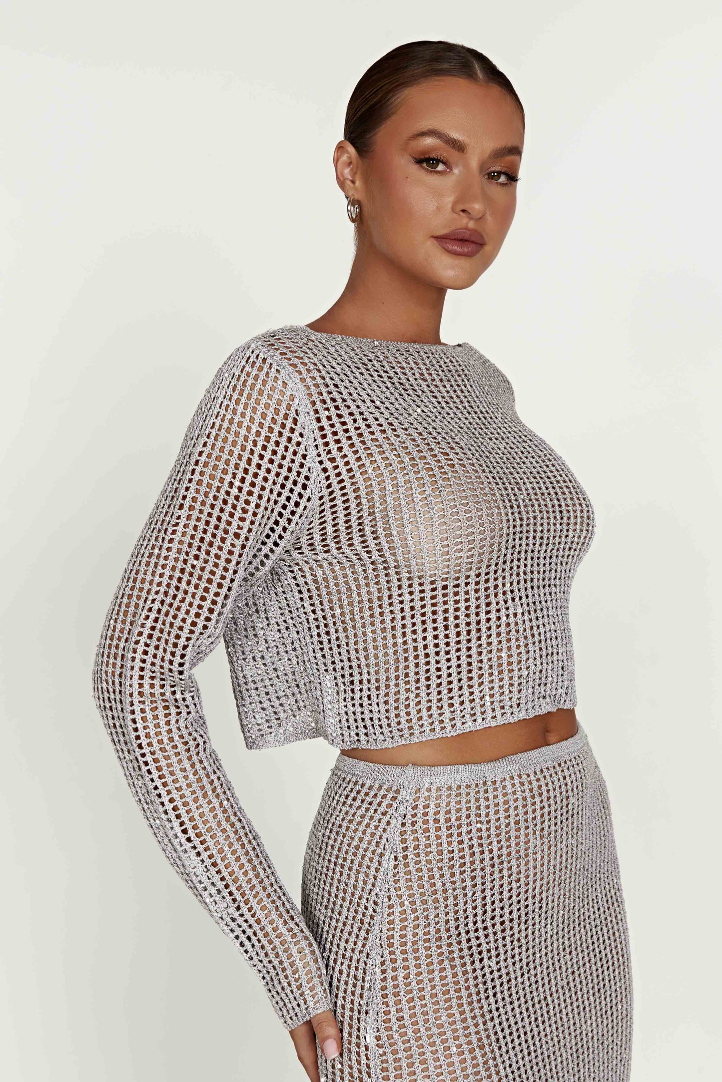 Catalina Sequin Crochet Twist Top - Silver