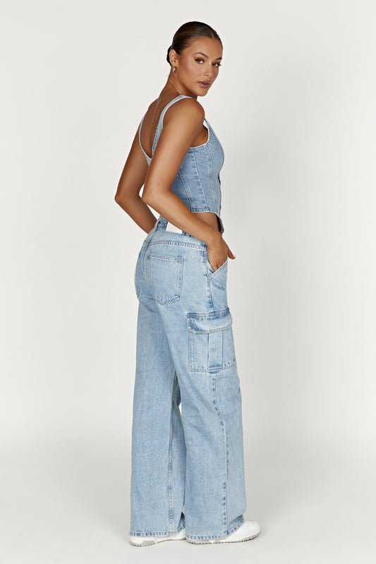 Leilani Corset Denim Top - Mid Blue