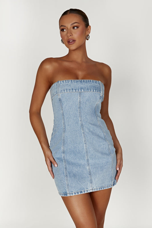 Teddi Denim Mini Dress - Mid Blue