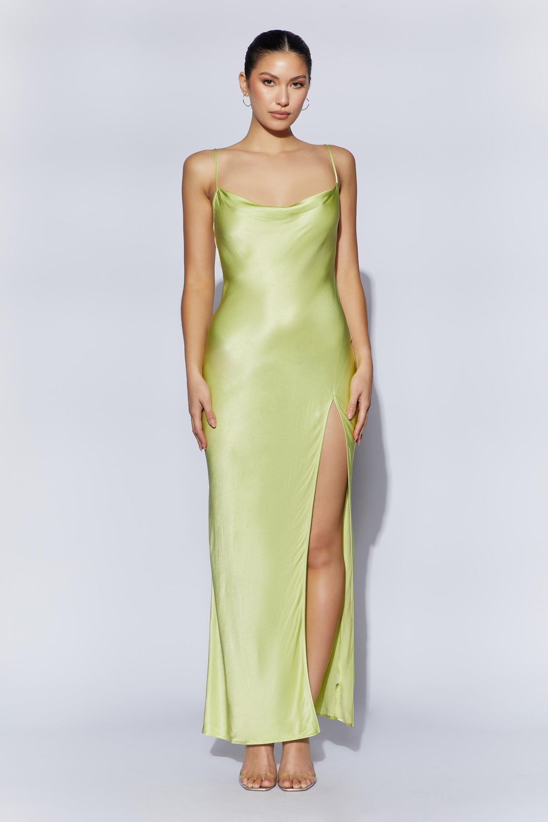 Jade Cowl Neck Backless Maxi Dress Pistachio Green Meshki 6851