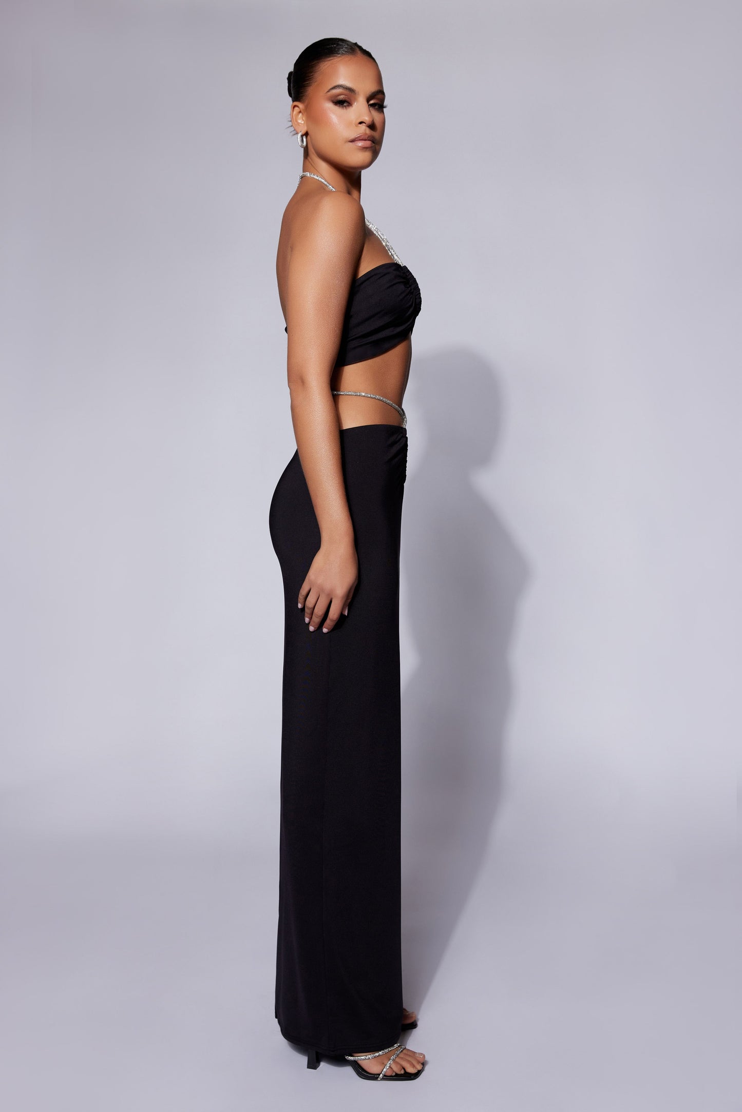 Ruby Diamante Rope Ruched Maxi Skirt - Black