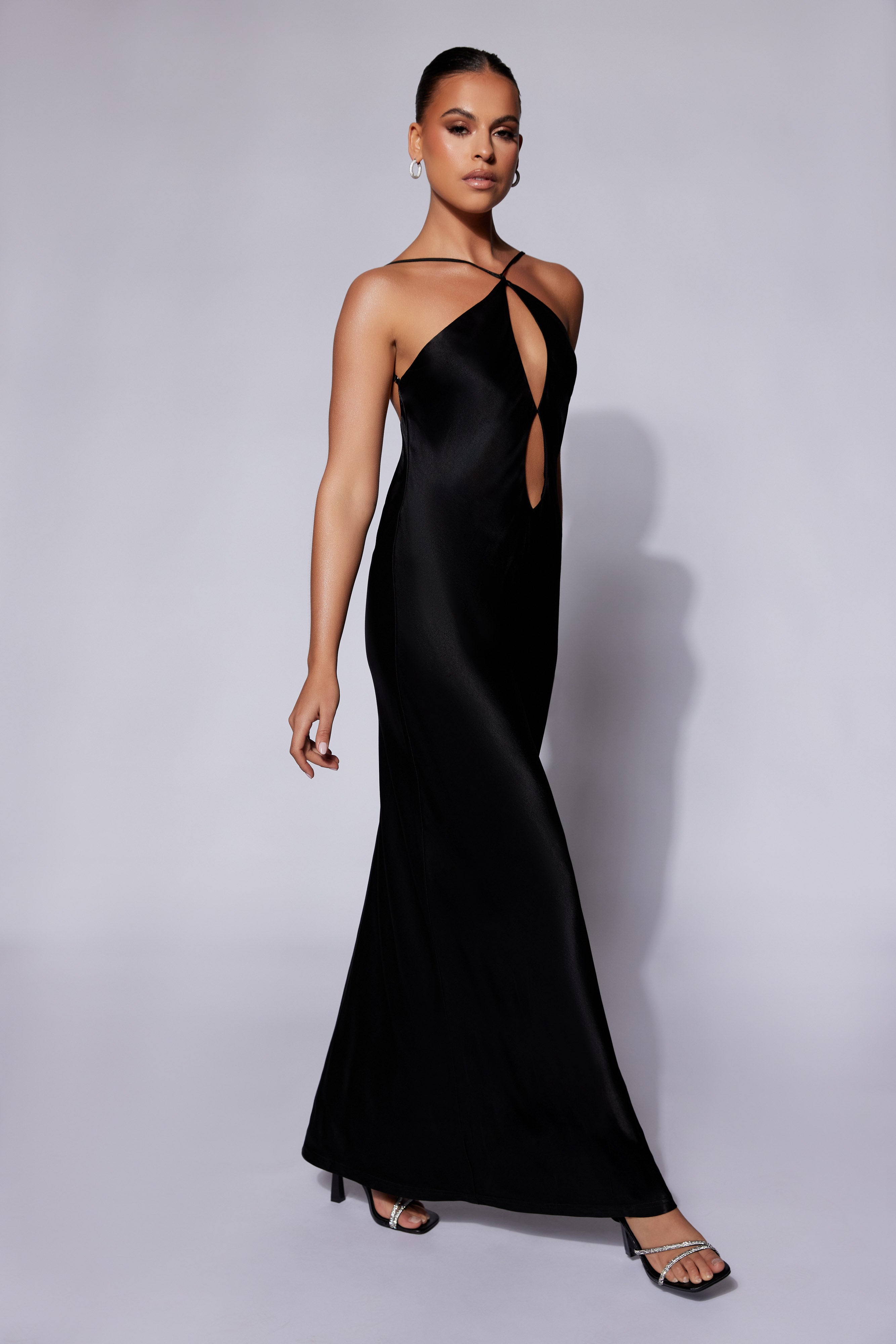 Lucia Satin Cut Out Maxi Dress - Black - MESHKI