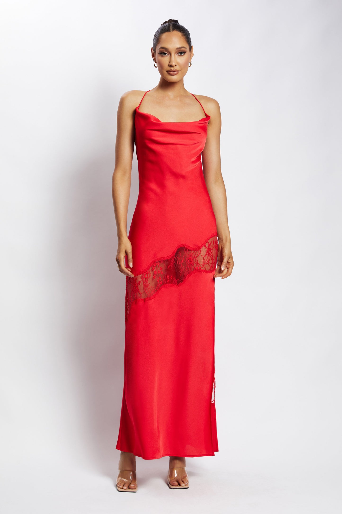 Chandra Lace Detail Satin Maxi Dress - Red