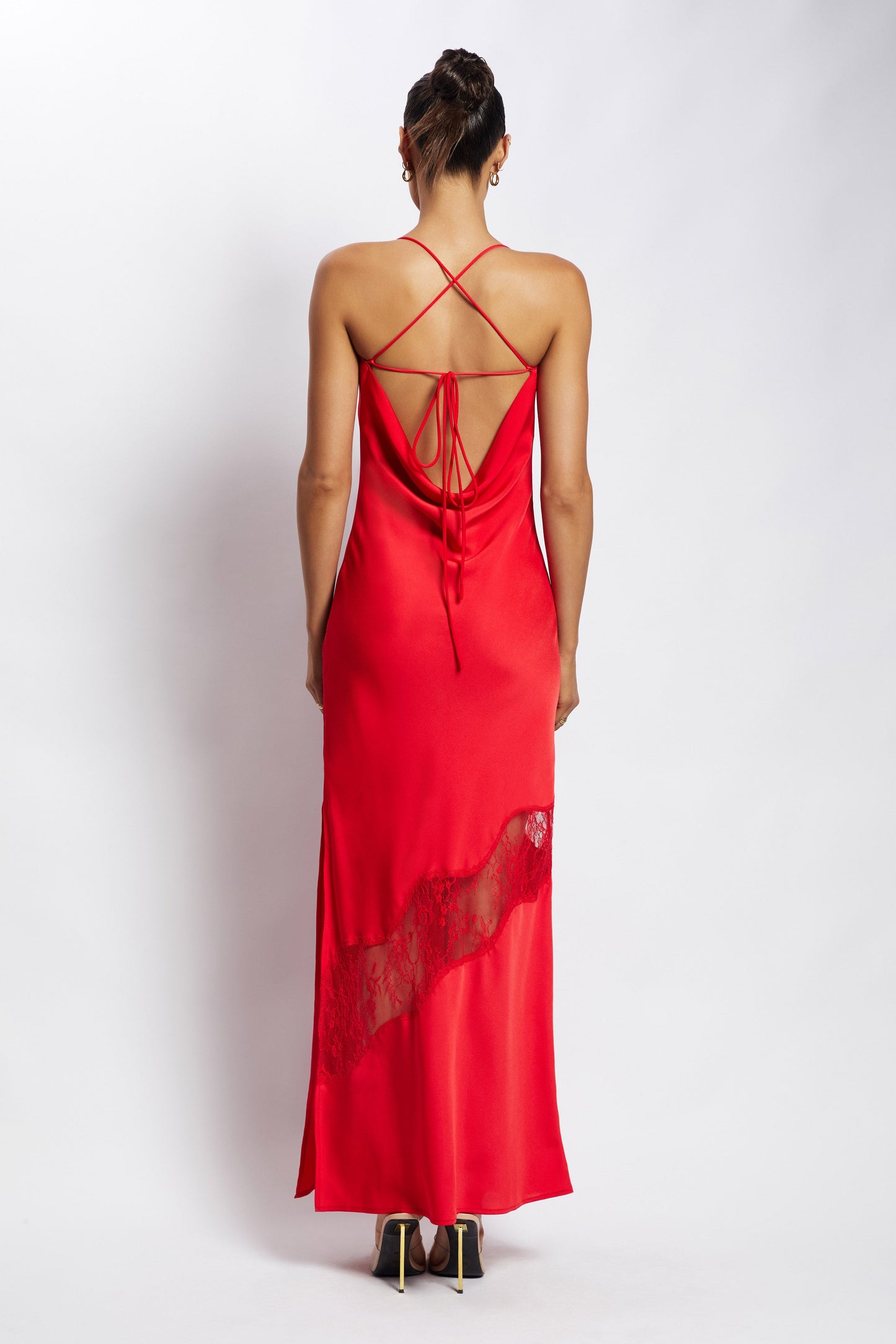 Chandra Lace Detail Satin Maxi Dress - Red