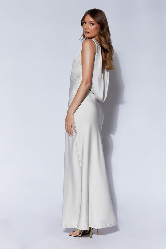 Nadia Maxi Satin Dress With Back Cowl - Silver - MESHKI