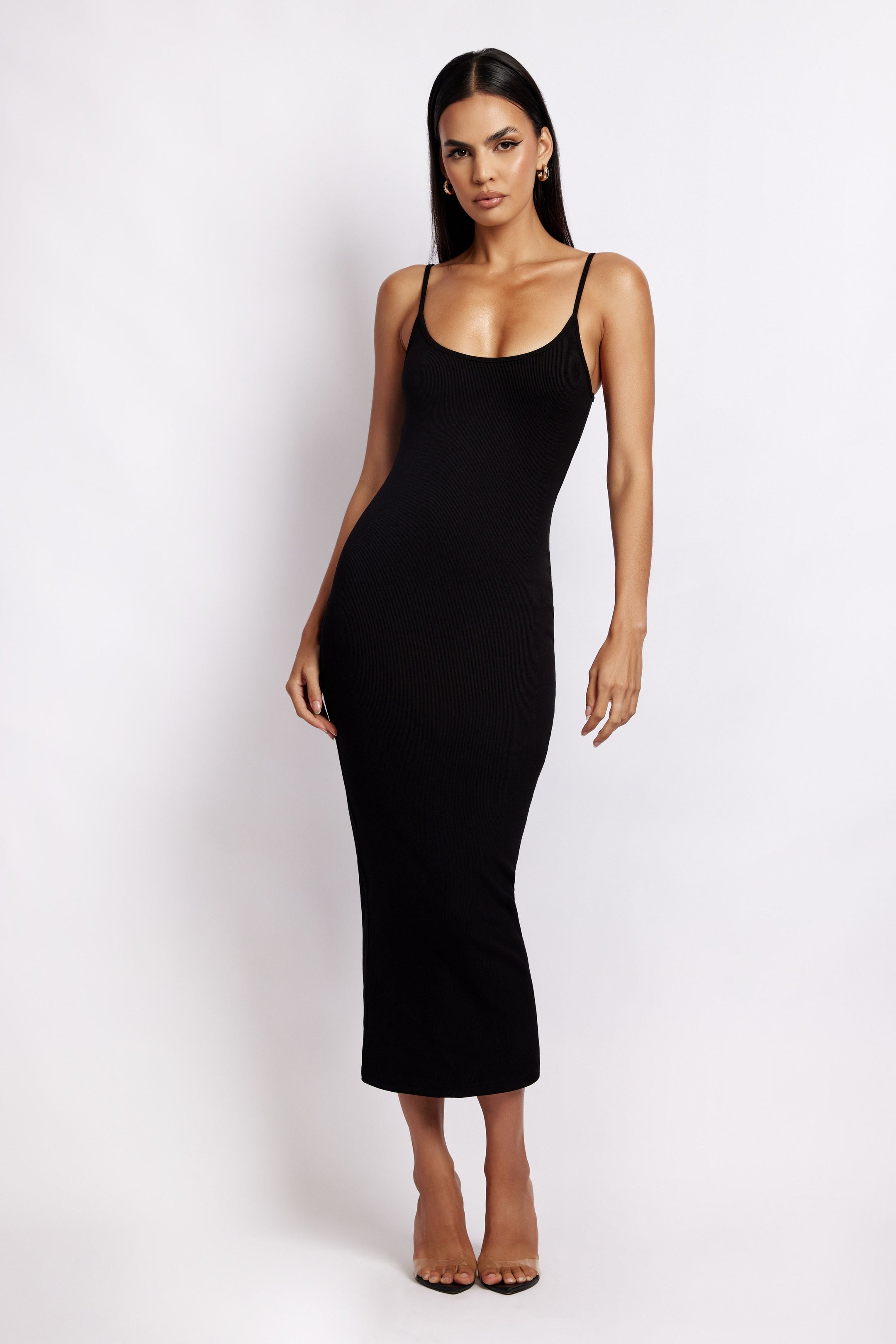 Alexis Ribbed Cami Midi Dress - Black - MESHKI