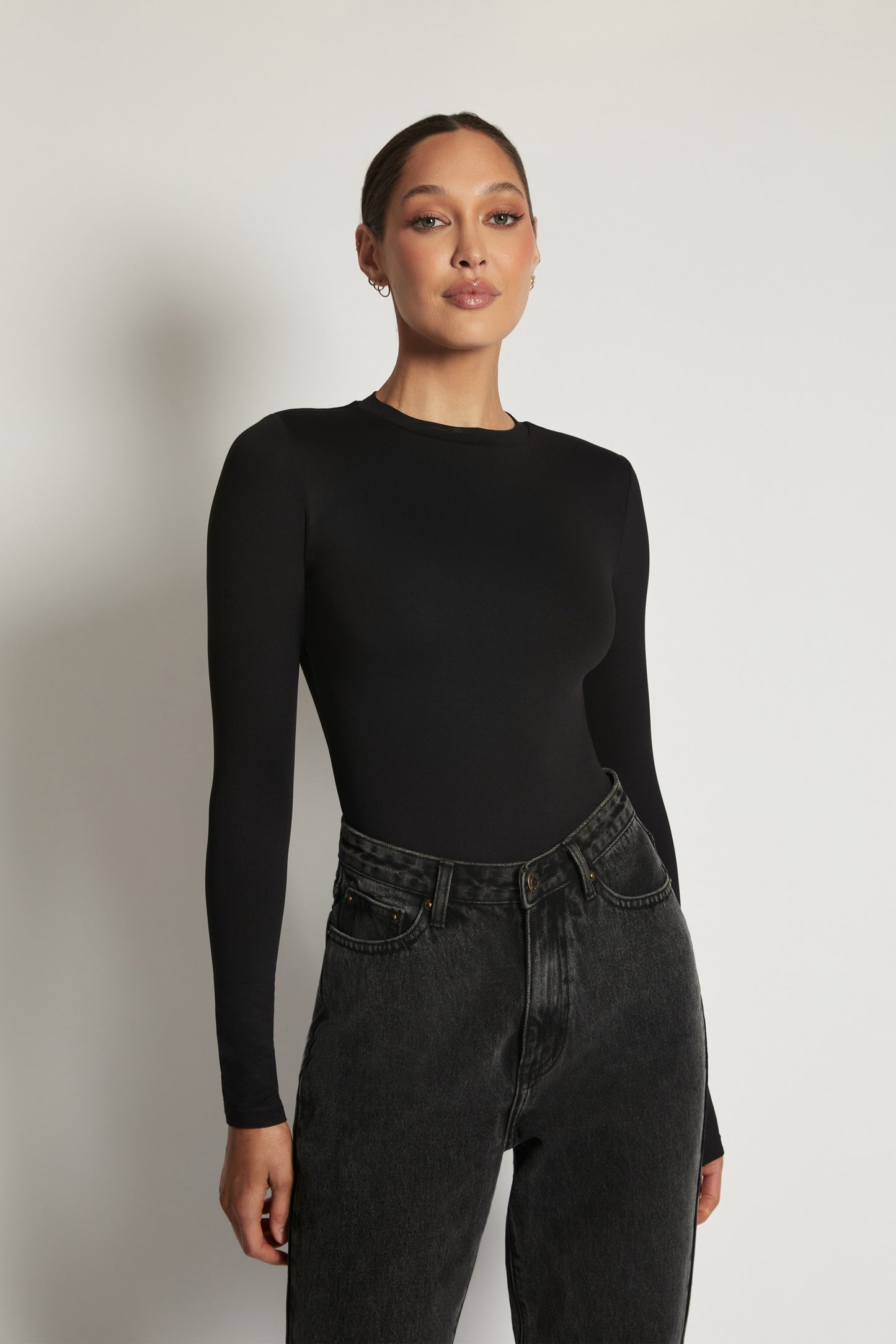 Delilah Long Sleeve Crew Neck Bodysuit - Black