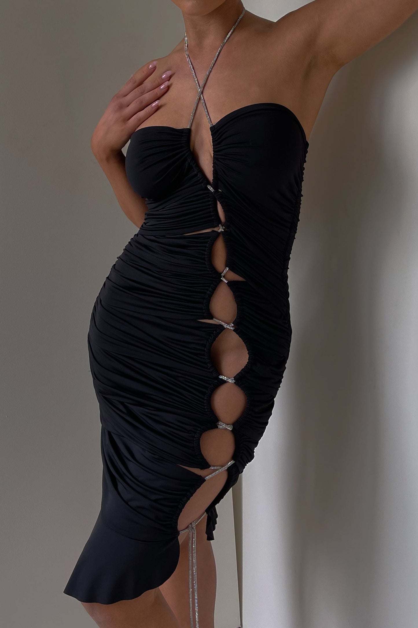 Shelby Diamante Rope Halter Asymmetric Hem Dress - Black