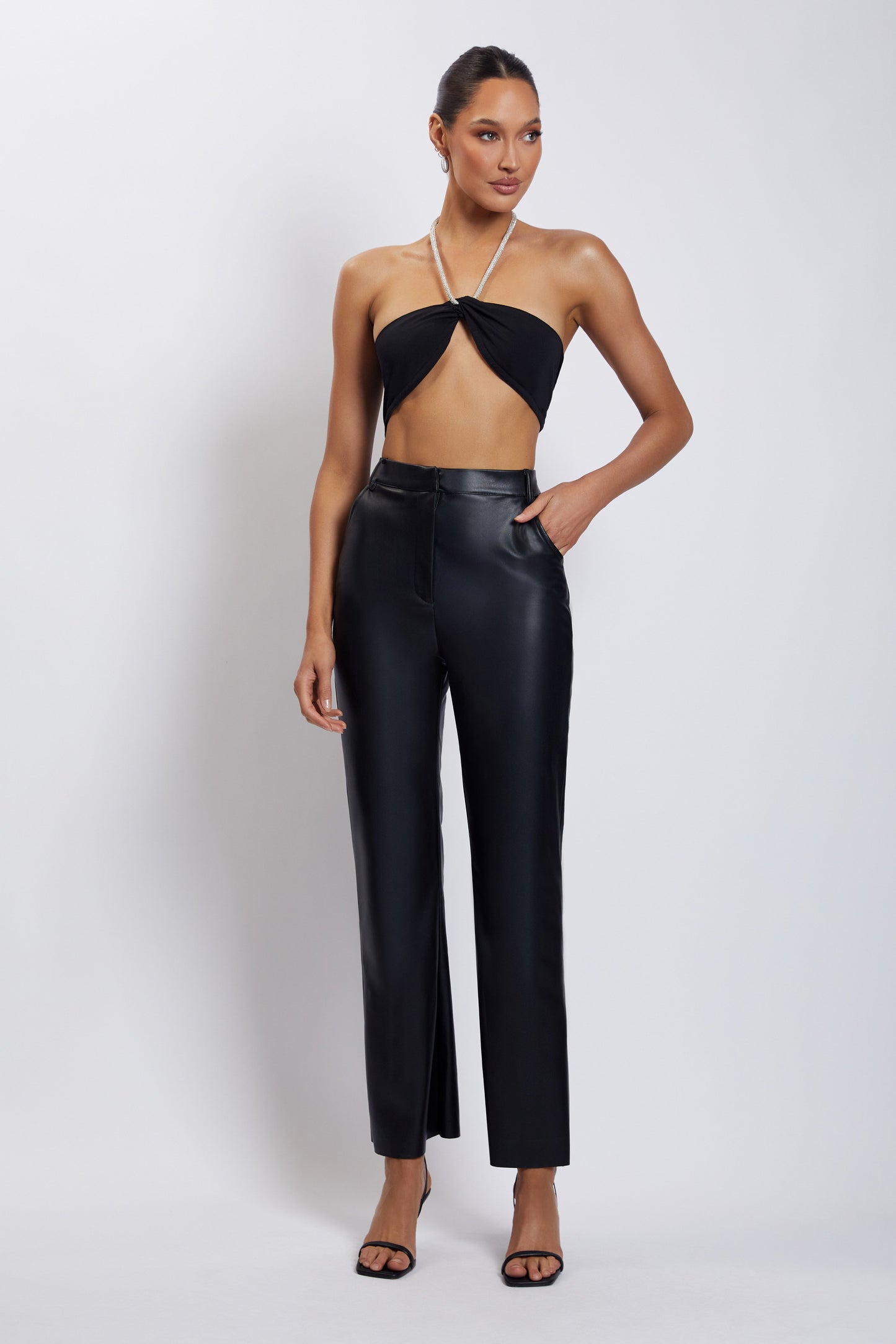 Lea Diamante Chain Halter Neck Crop Top - Black