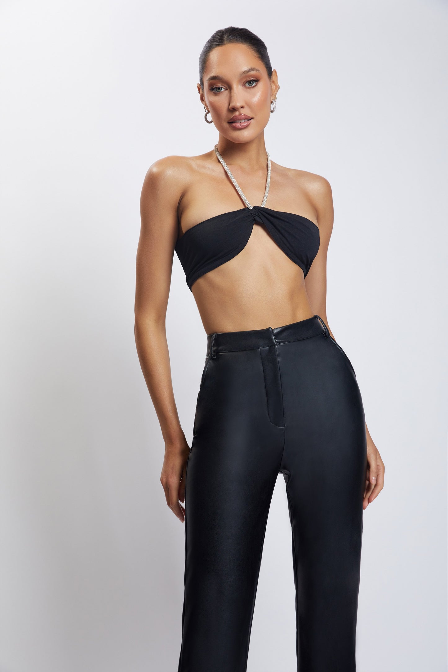 Lea Diamante Chain Halter Neck Crop Top - Black